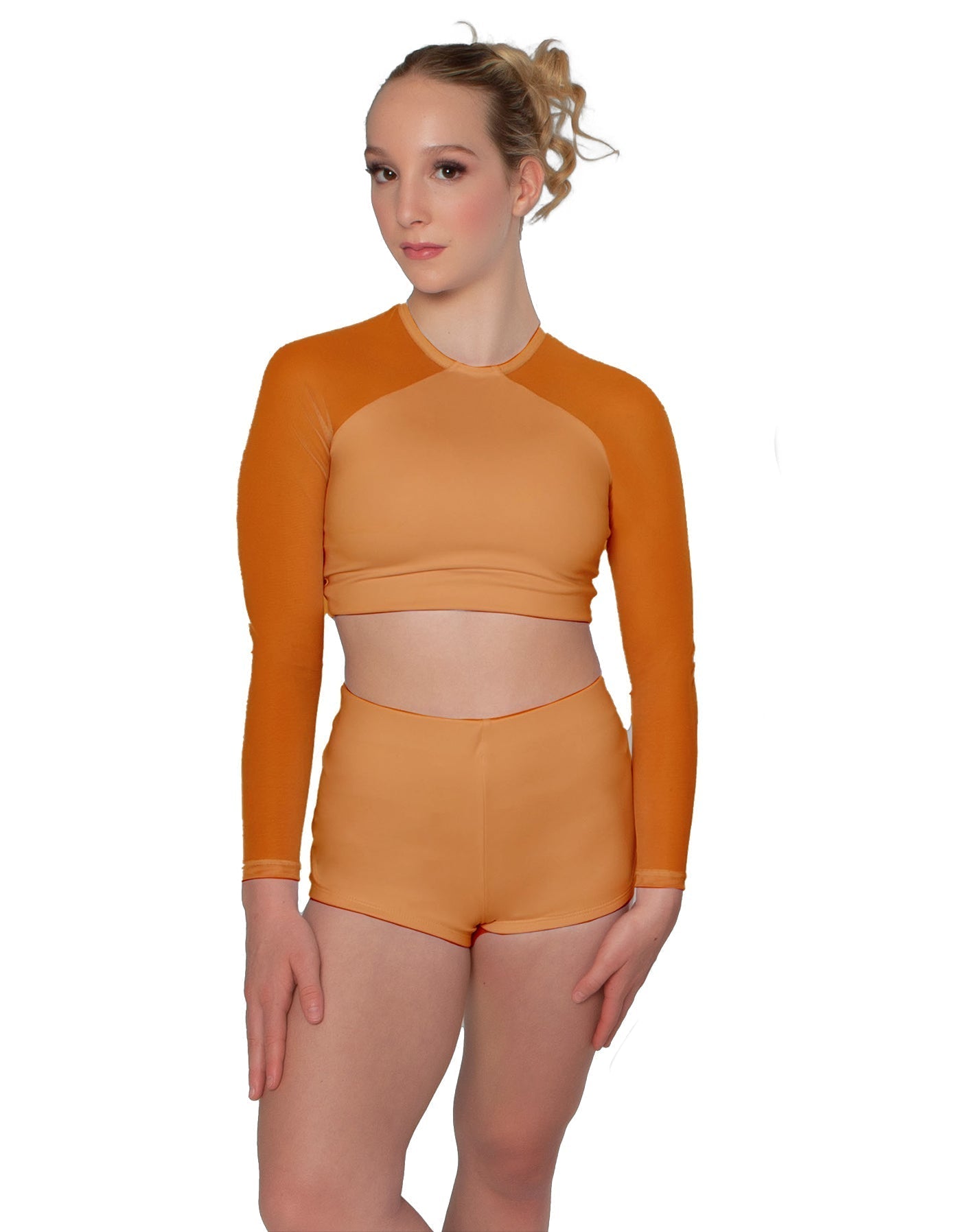 Solid Lycra LS Mesh Raglan Keyhole back Crop Top