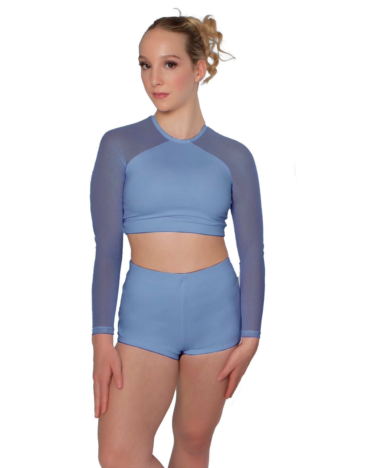 Solid Lycra LS Mesh Raglan Keyhole back Crop Top