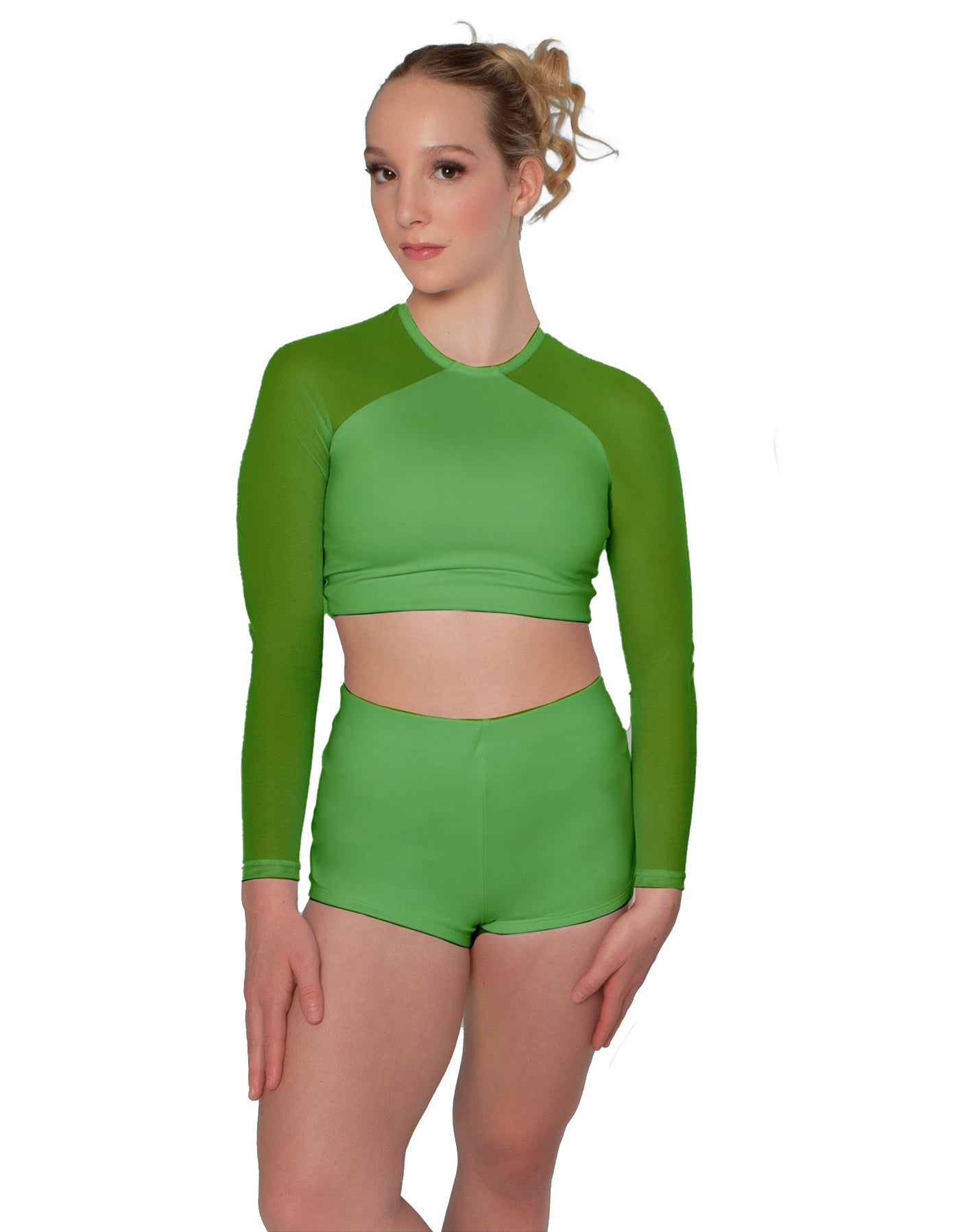 Solid Lycra LS Mesh Raglan Keyhole back Crop Top