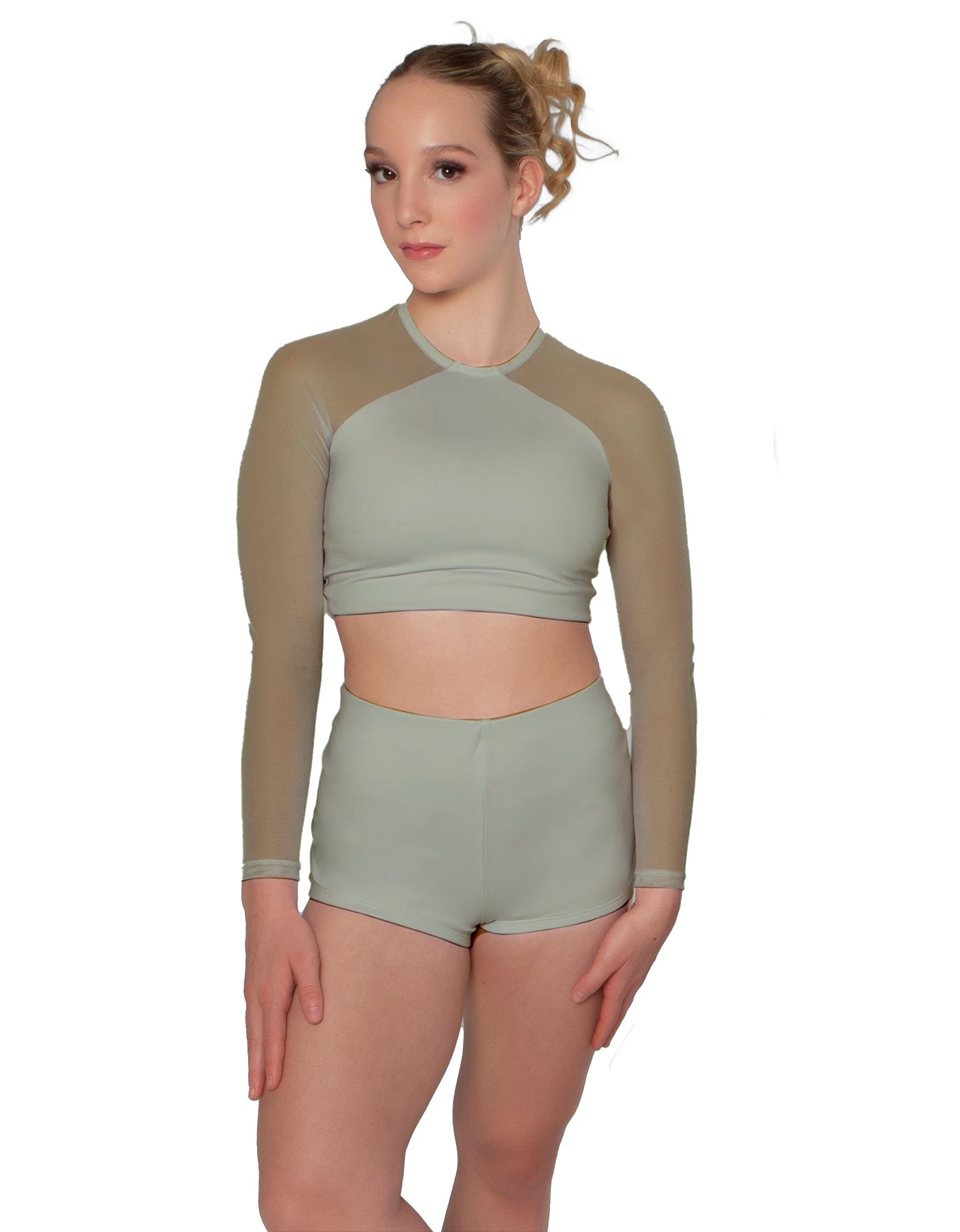 Solid Lycra LS Mesh Raglan Keyhole back Crop Top