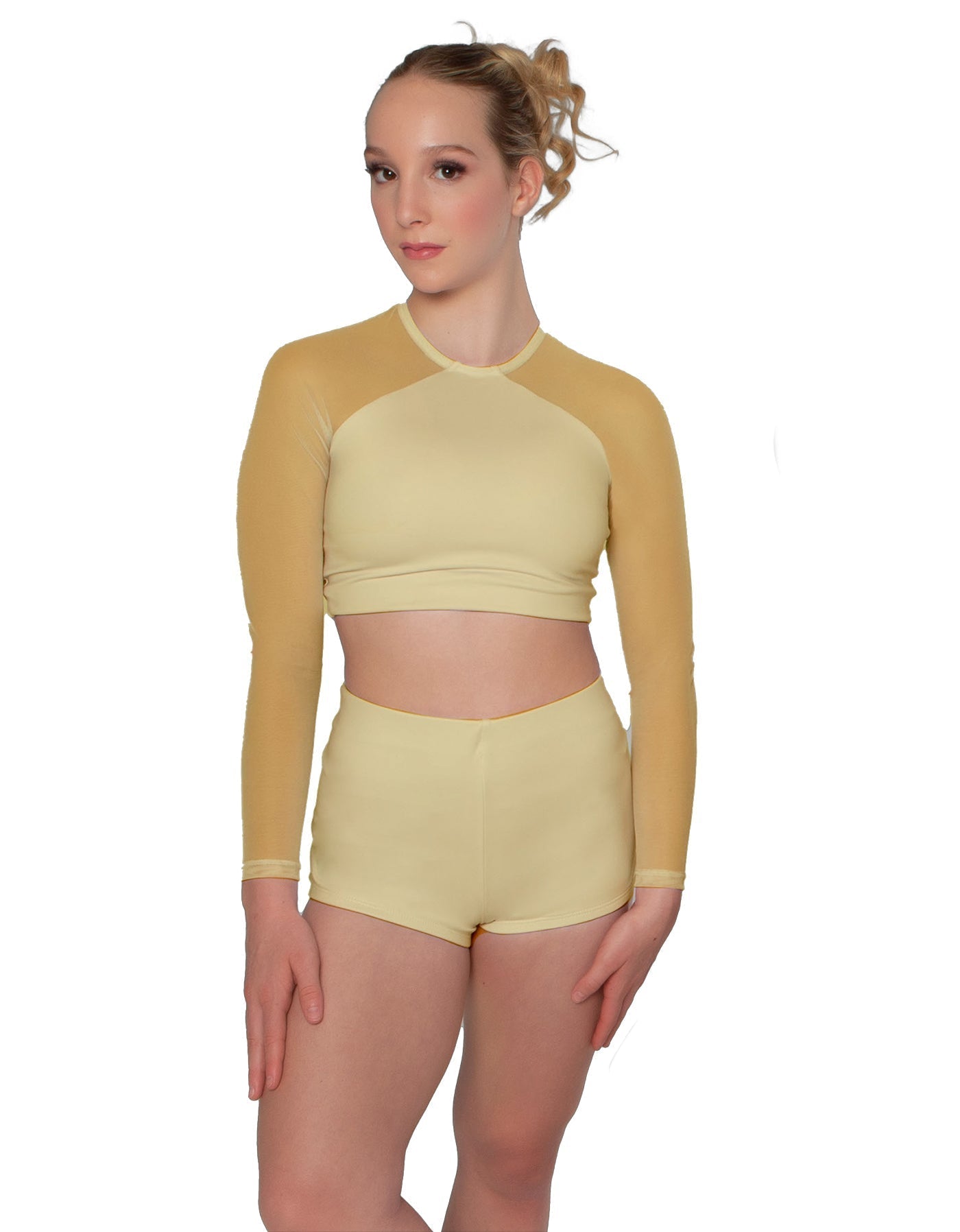 Solid Lycra LS Mesh Raglan Keyhole back Crop Top