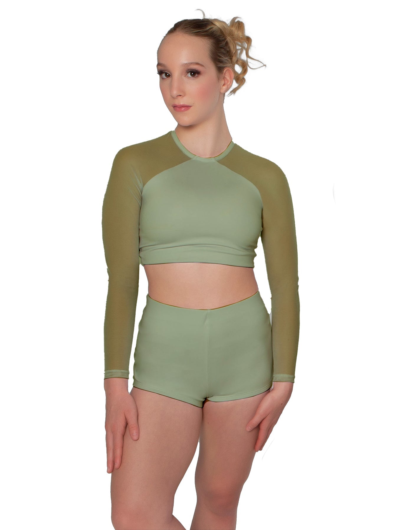 Solid Lycra LS Mesh Raglan Keyhole back Crop Top