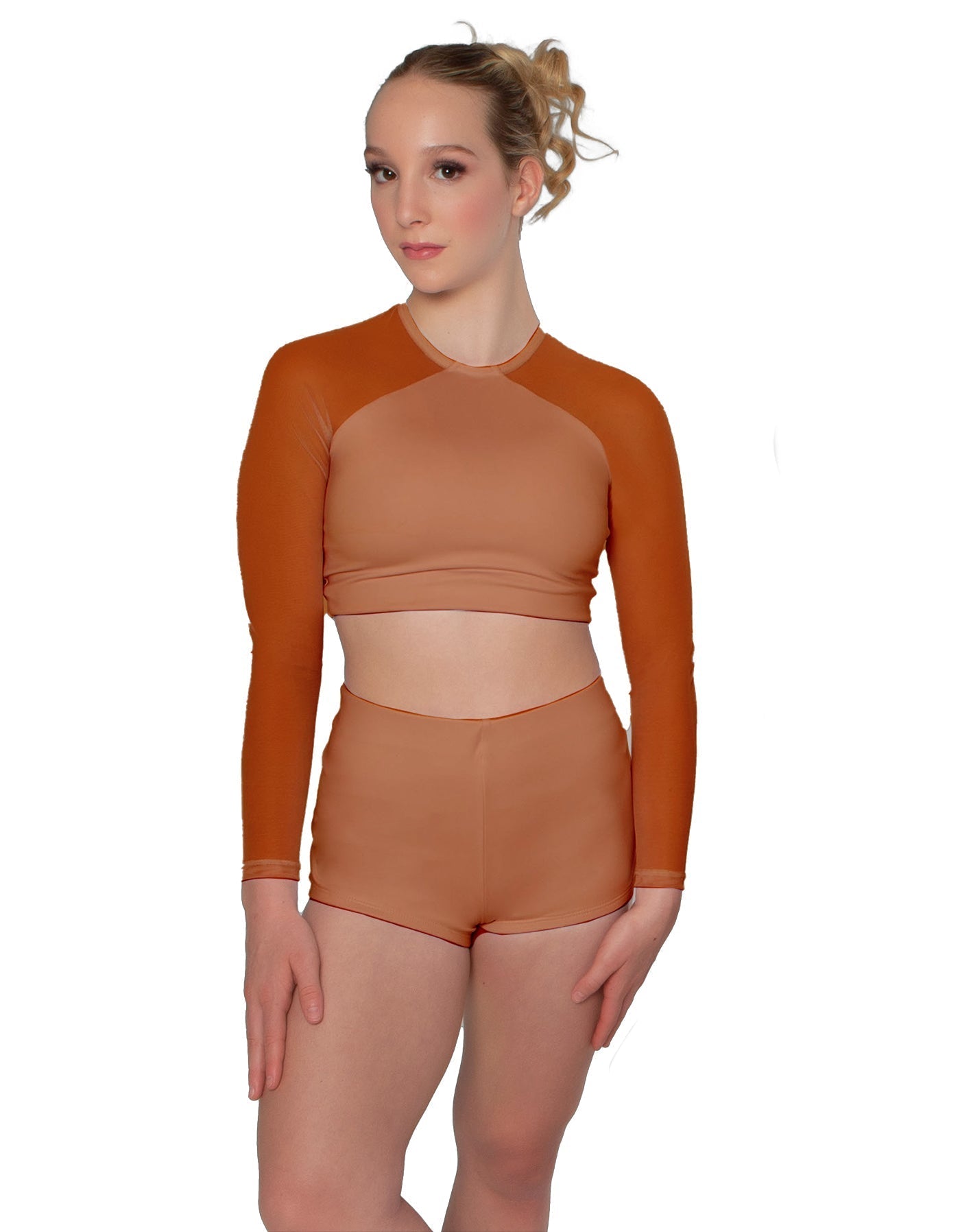 Solid Lycra LS Mesh Raglan Keyhole back Crop Top
