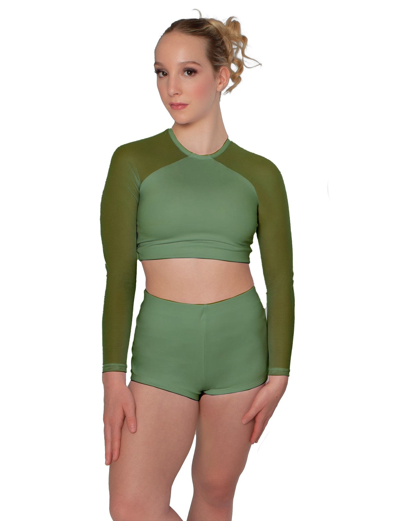 Solid Lycra LS Mesh Raglan Keyhole back Crop Top