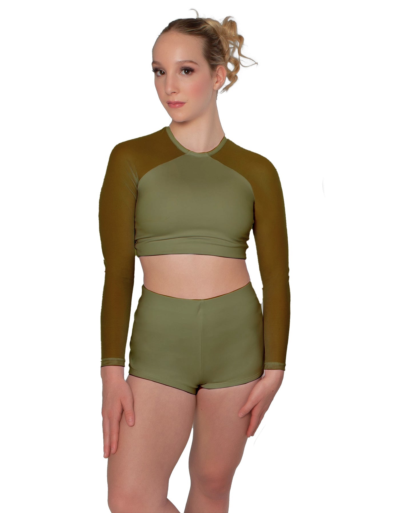 Solid Lycra LS Mesh Raglan Keyhole back Crop Top