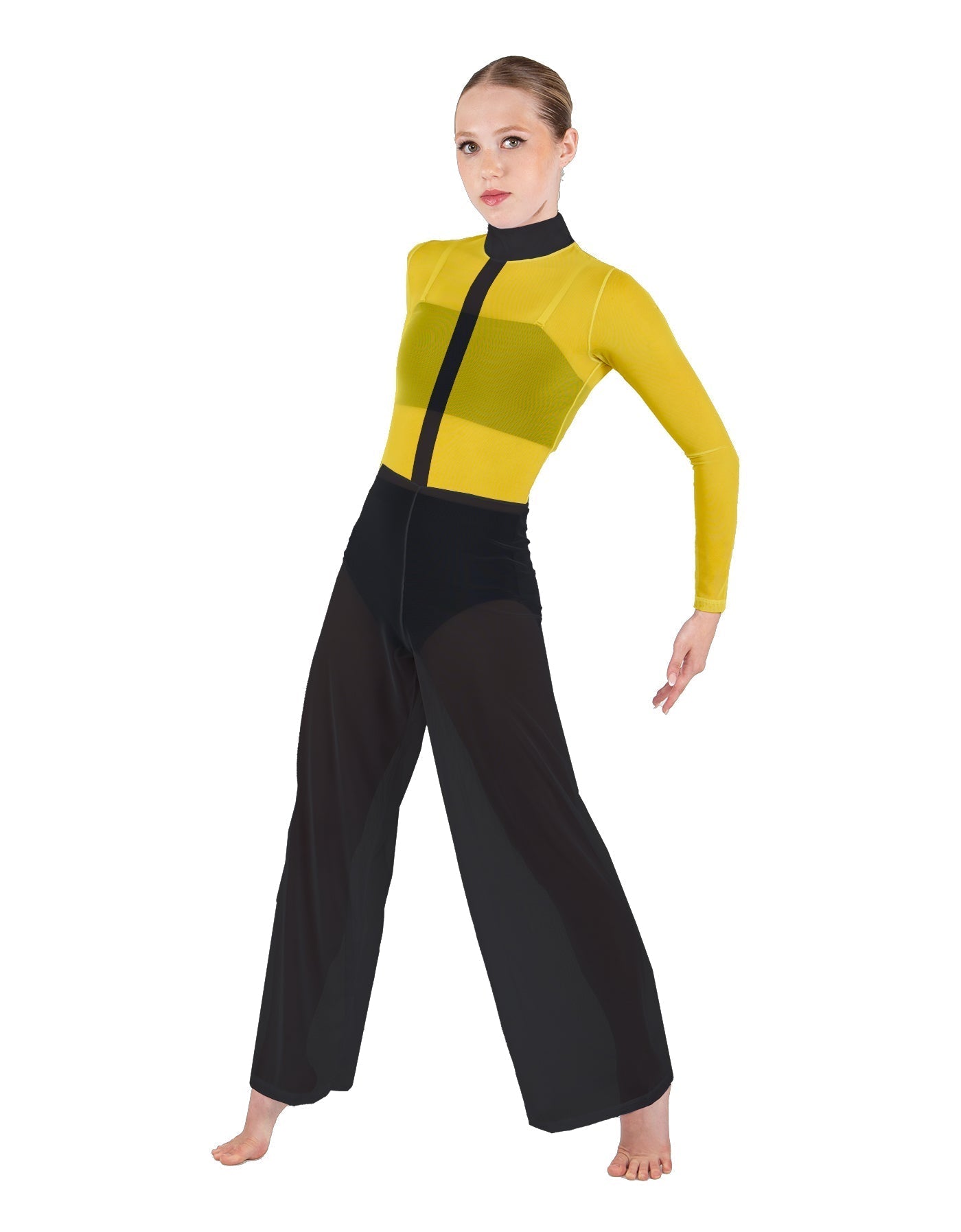 Avant Garde LS TNeck Keyhole Wide Leg Mesh Unitard with Bandeau and Panty