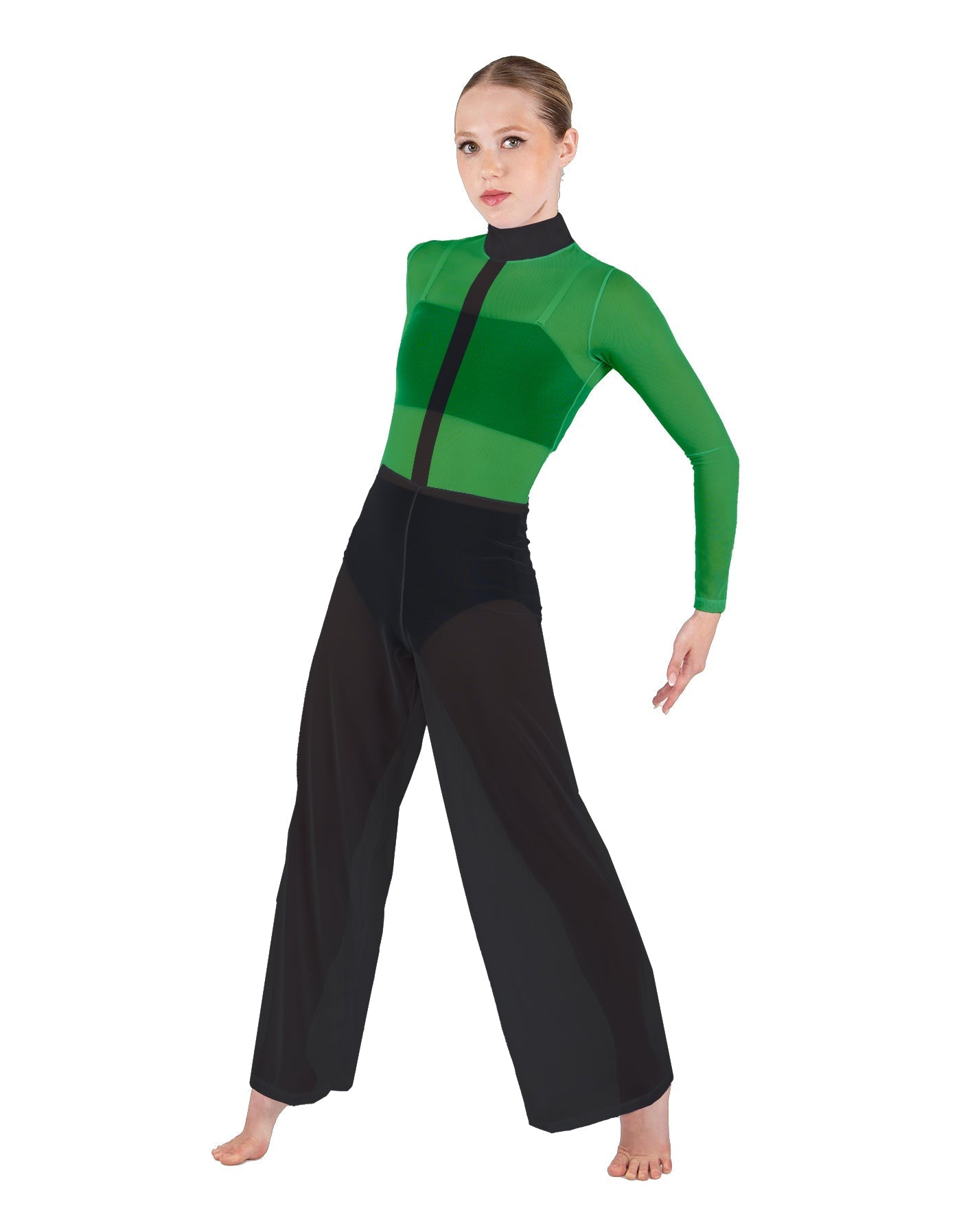 Avant Garde LS TNeck Keyhole Wide Leg Mesh Unitard with Bandeau and Panty