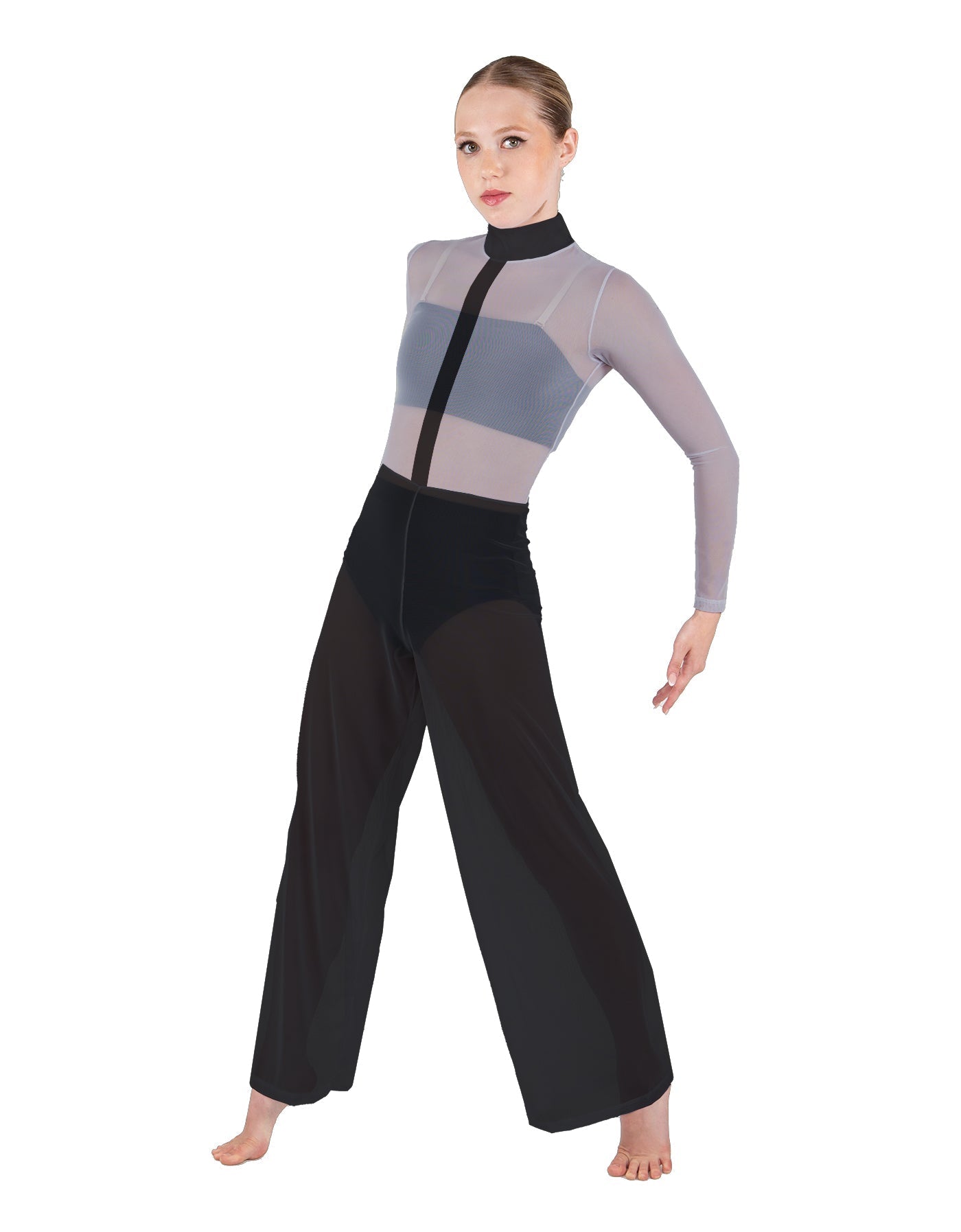 Avant Garde LS TNeck Keyhole Wide Leg Mesh Unitard with Bandeau and Panty