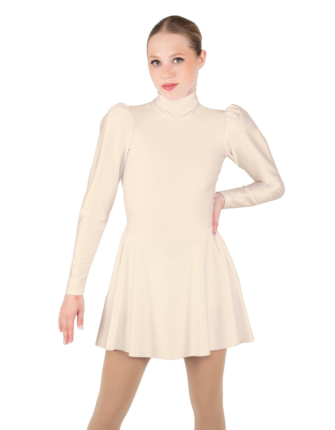 Solid Lycra LS Puff Sleeve TNeck Keyhole Back Dress