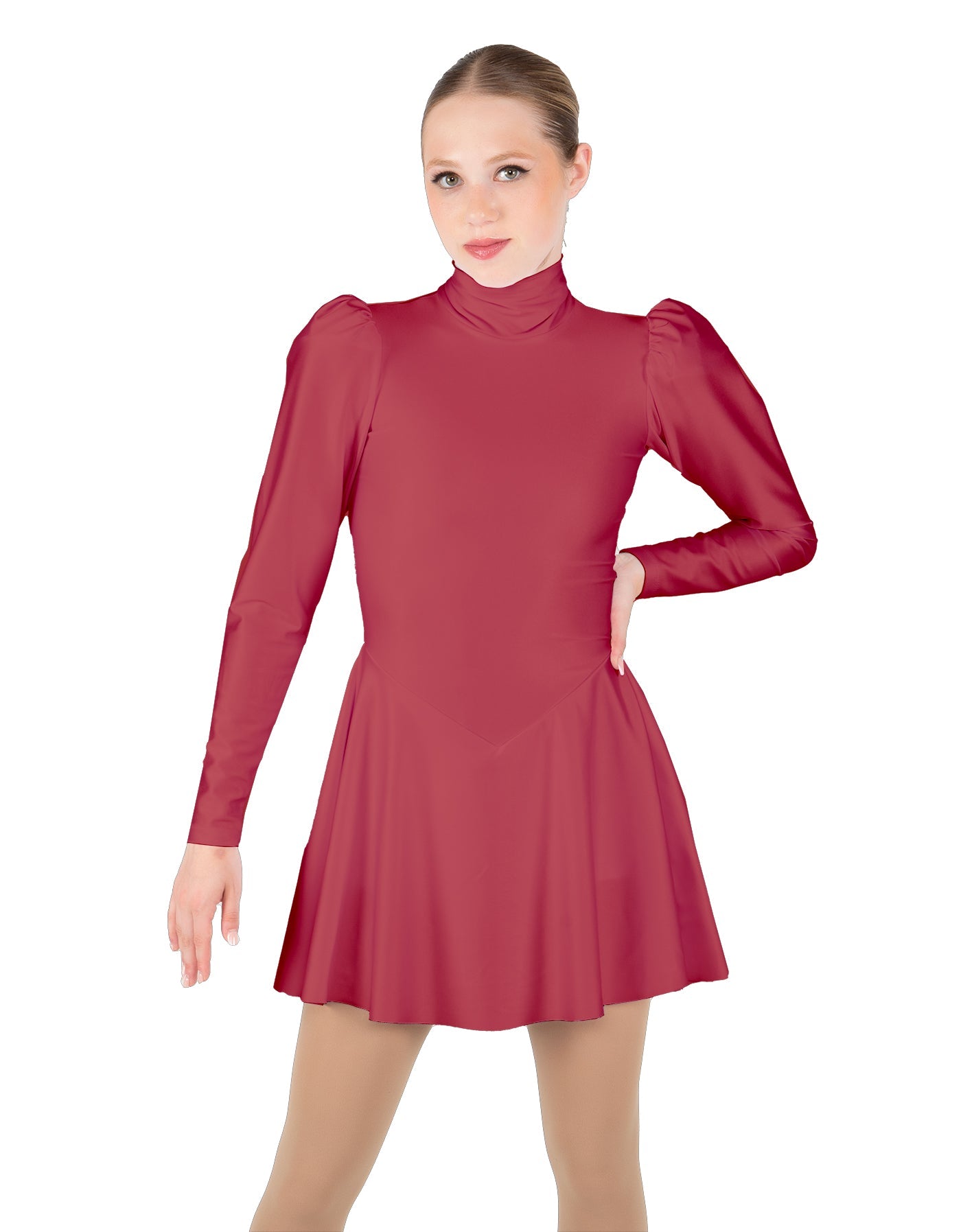 Solid Lycra LS Puff Sleeve TNeck Keyhole Back Dress