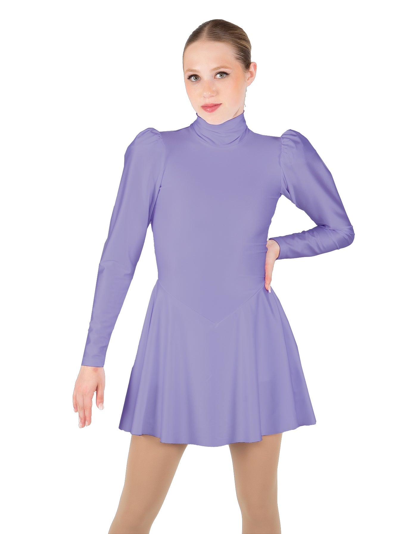 Solid Lycra LS Puff Sleeve TNeck Keyhole Back Dress