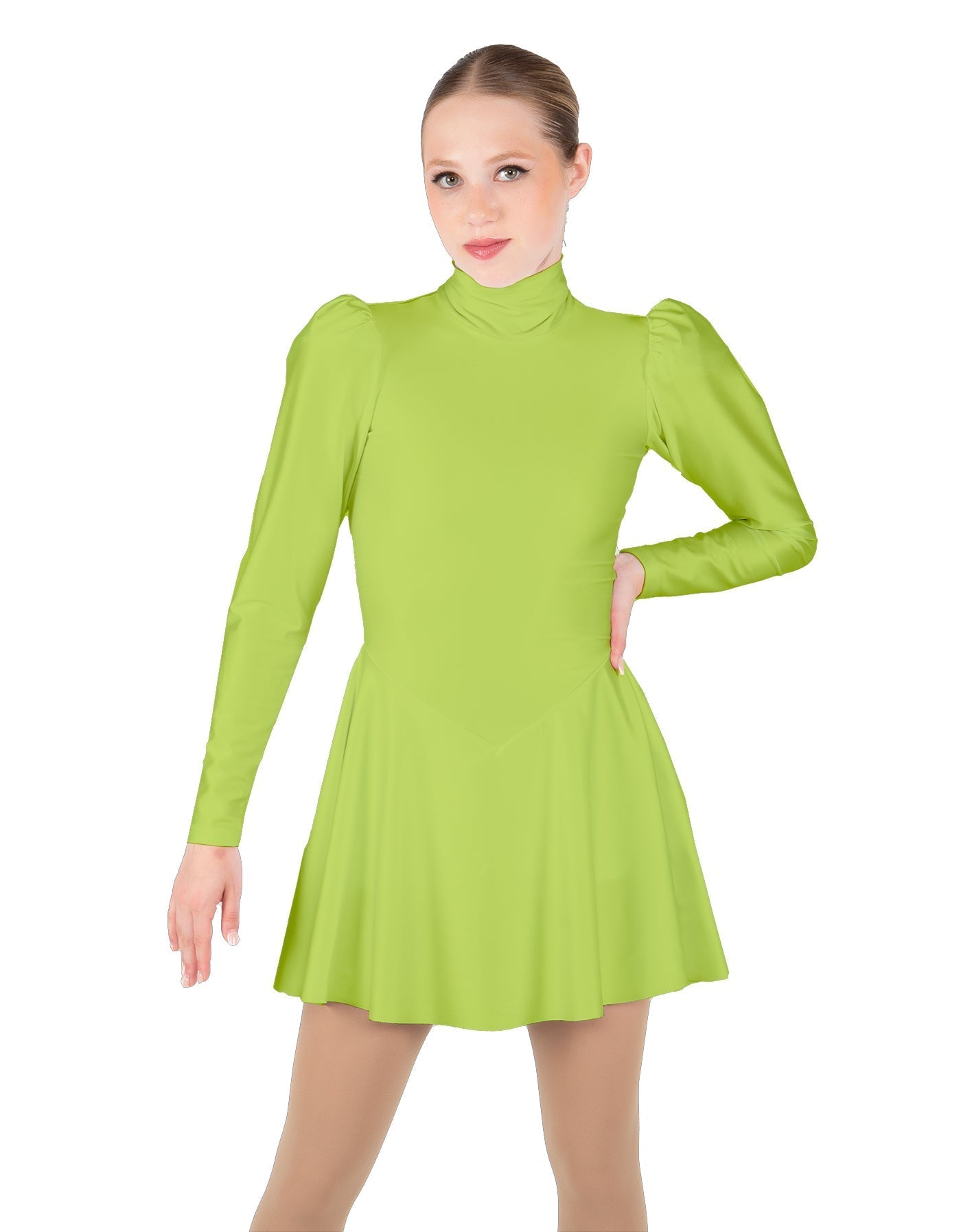 Solid Lycra LS Puff Sleeve TNeck Keyhole Back Dress