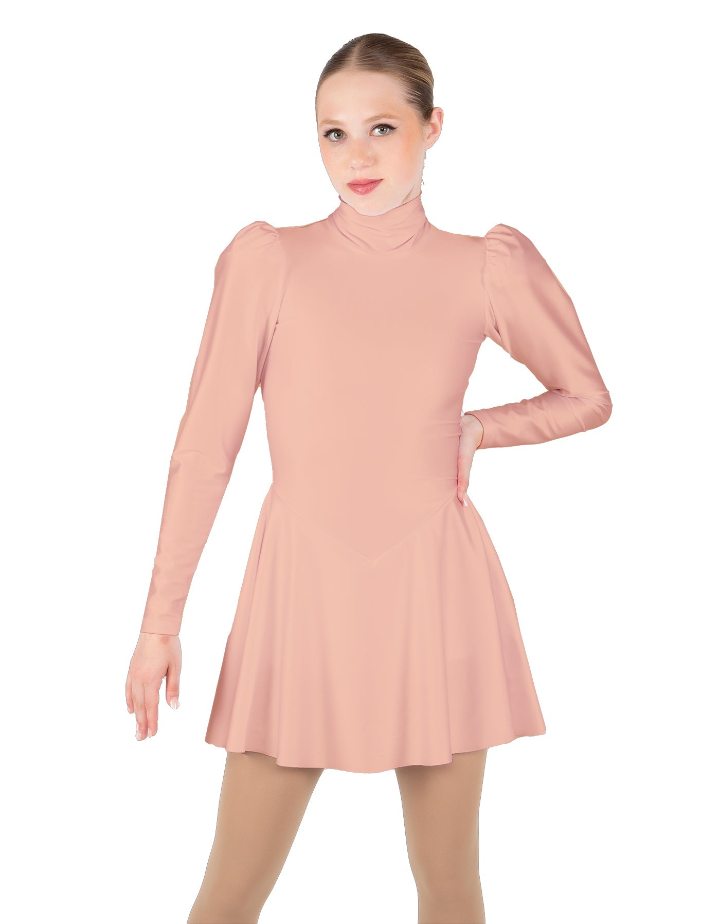 Solid Lycra LS Puff Sleeve TNeck Keyhole Back Dress