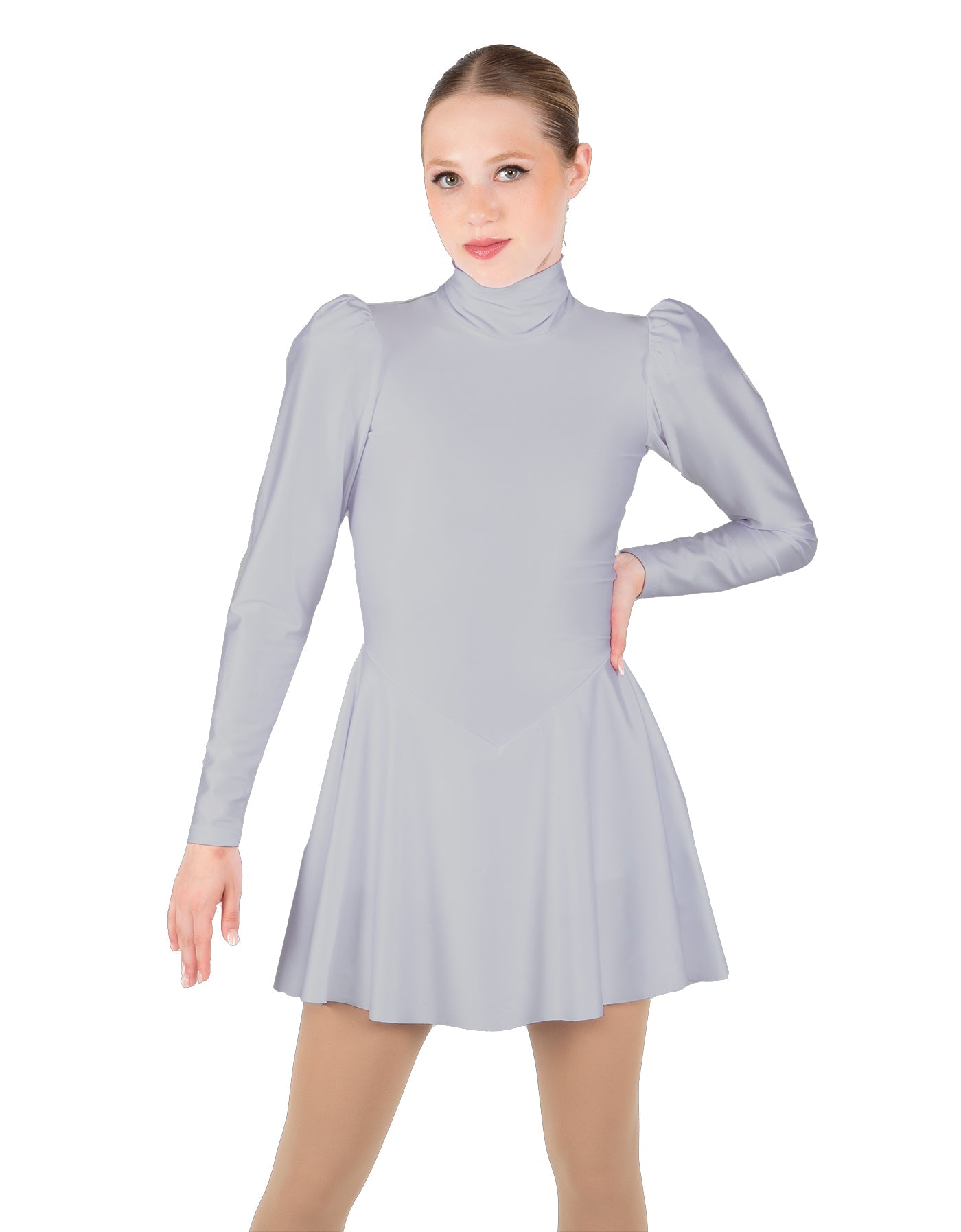 Solid Lycra LS Puff Sleeve TNeck Keyhole Back Dress