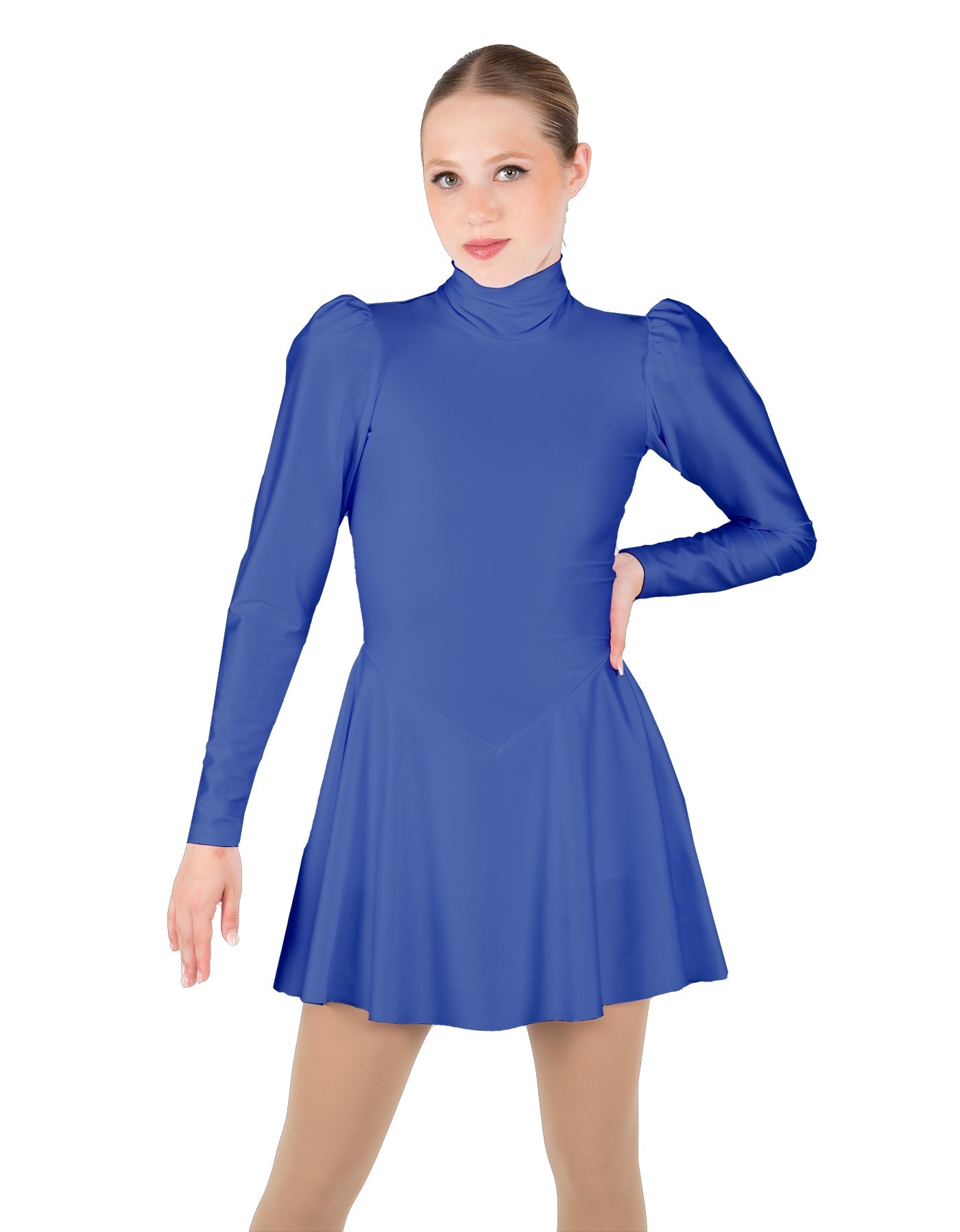 Solid Lycra LS Puff Sleeve TNeck Keyhole Back Dress