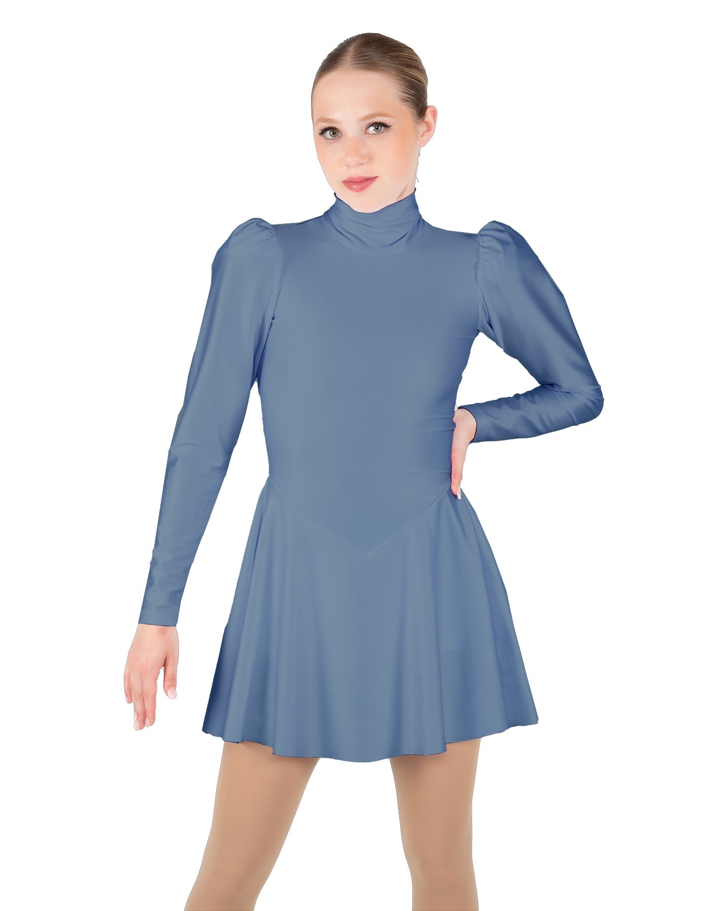 Solid Lycra LS Puff Sleeve TNeck Keyhole Back Dress