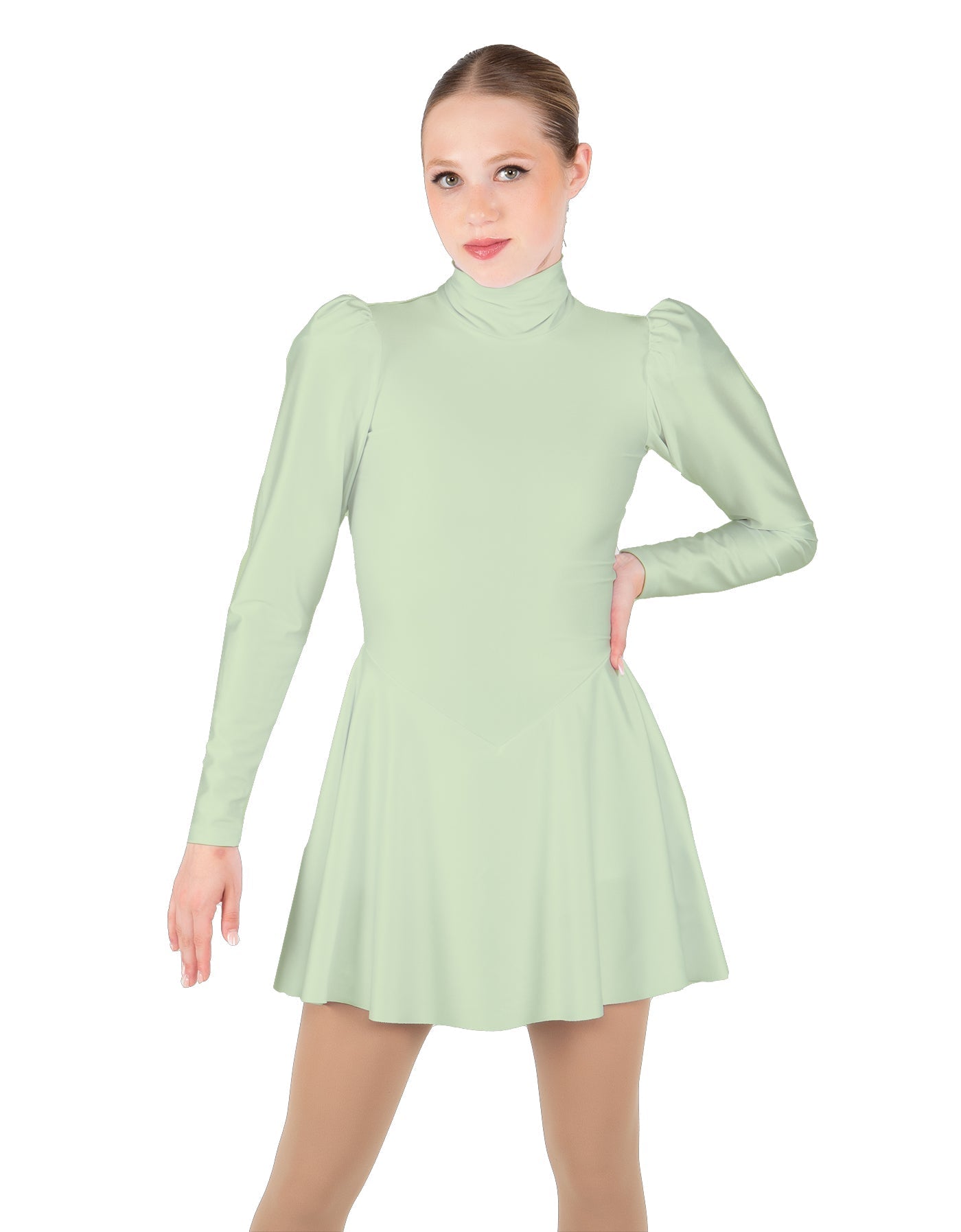 Solid Lycra LS Puff Sleeve TNeck Keyhole Back Dress