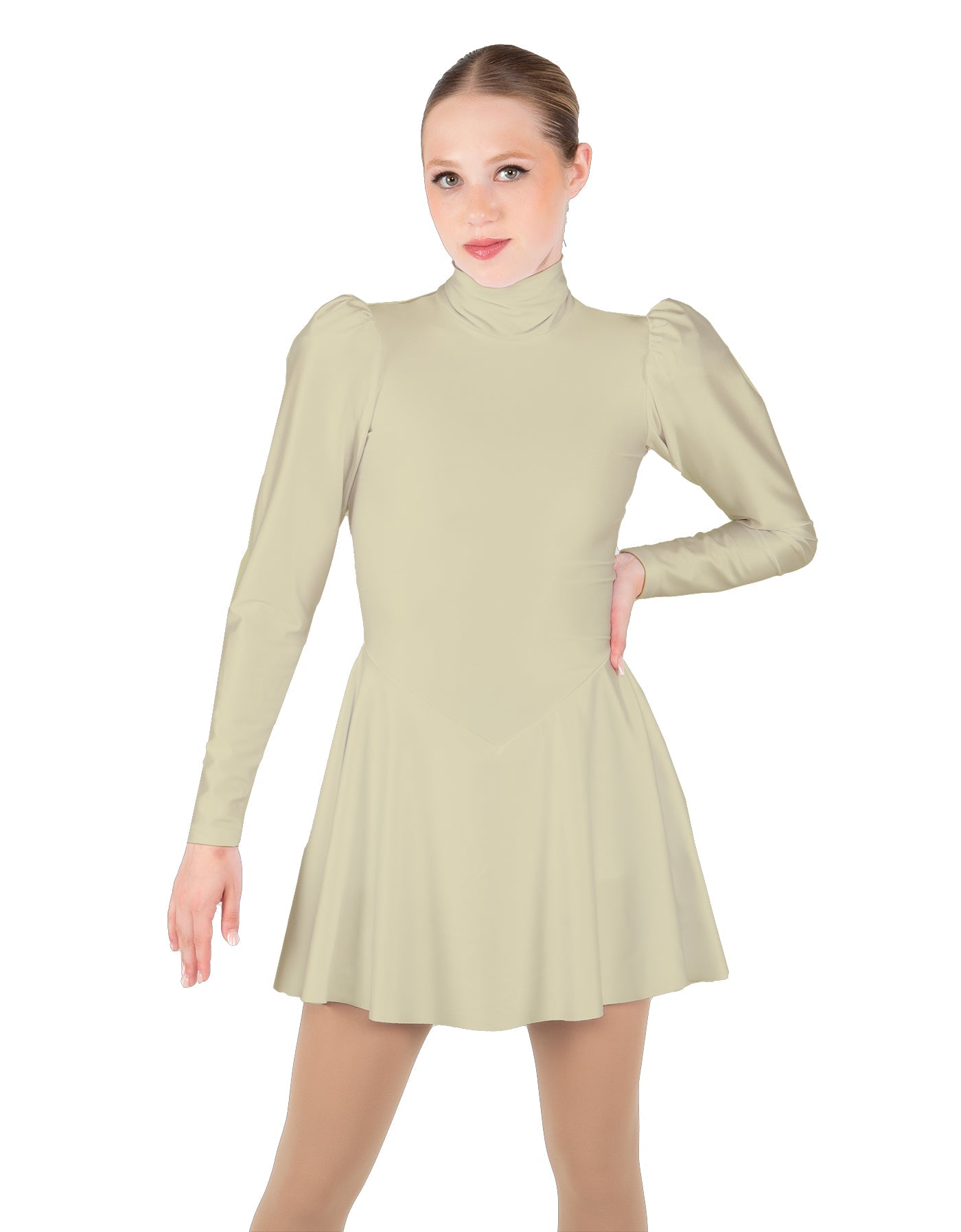 Solid Lycra LS Puff Sleeve TNeck Keyhole Back Dress
