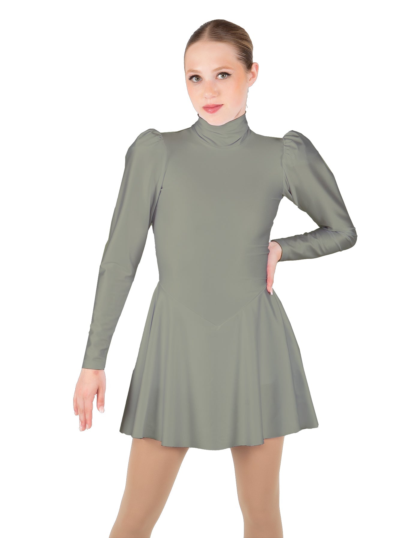 Solid Lycra LS Puff Sleeve TNeck Keyhole Back Dress