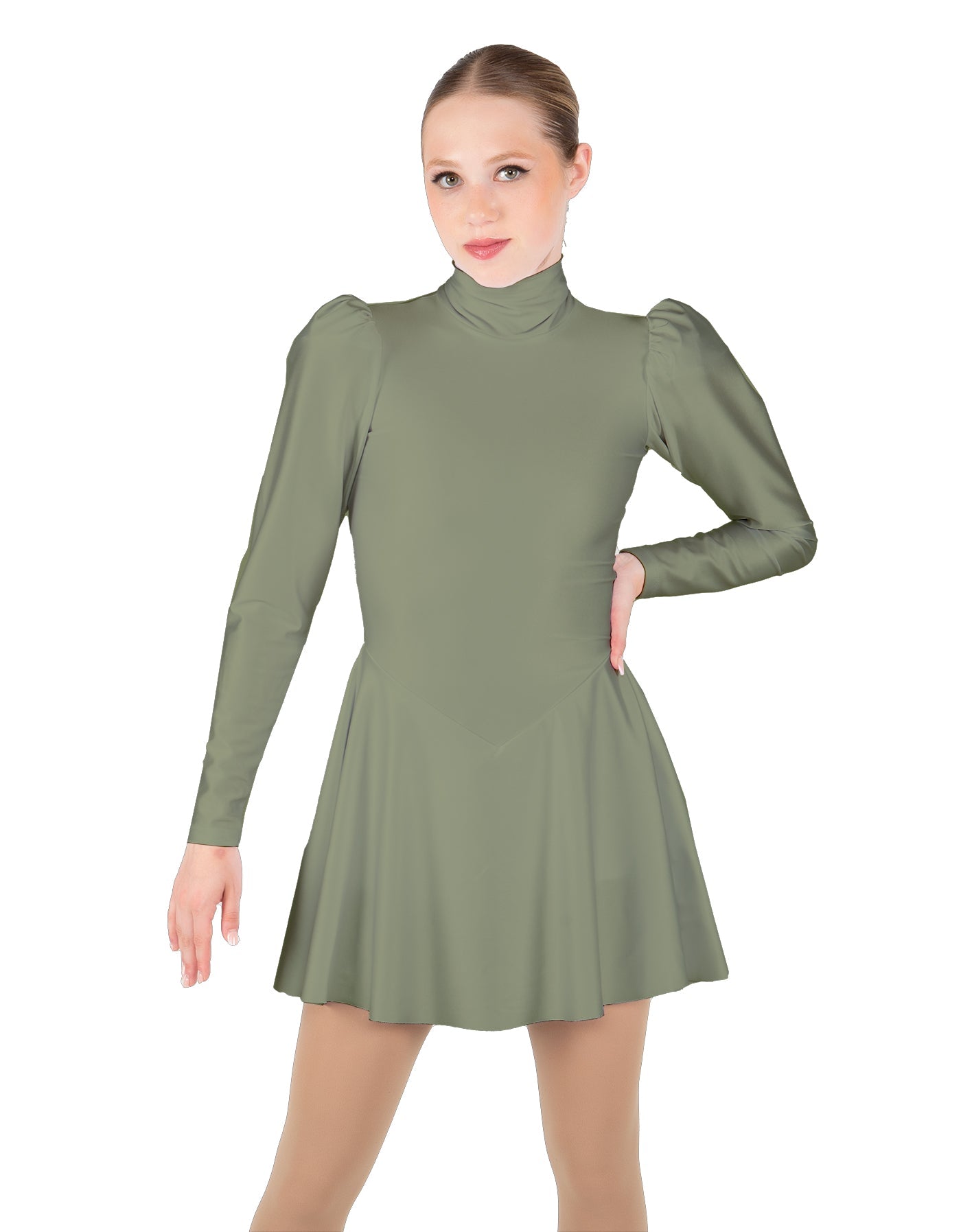 Solid Lycra LS Puff Sleeve TNeck Keyhole Back Dress
