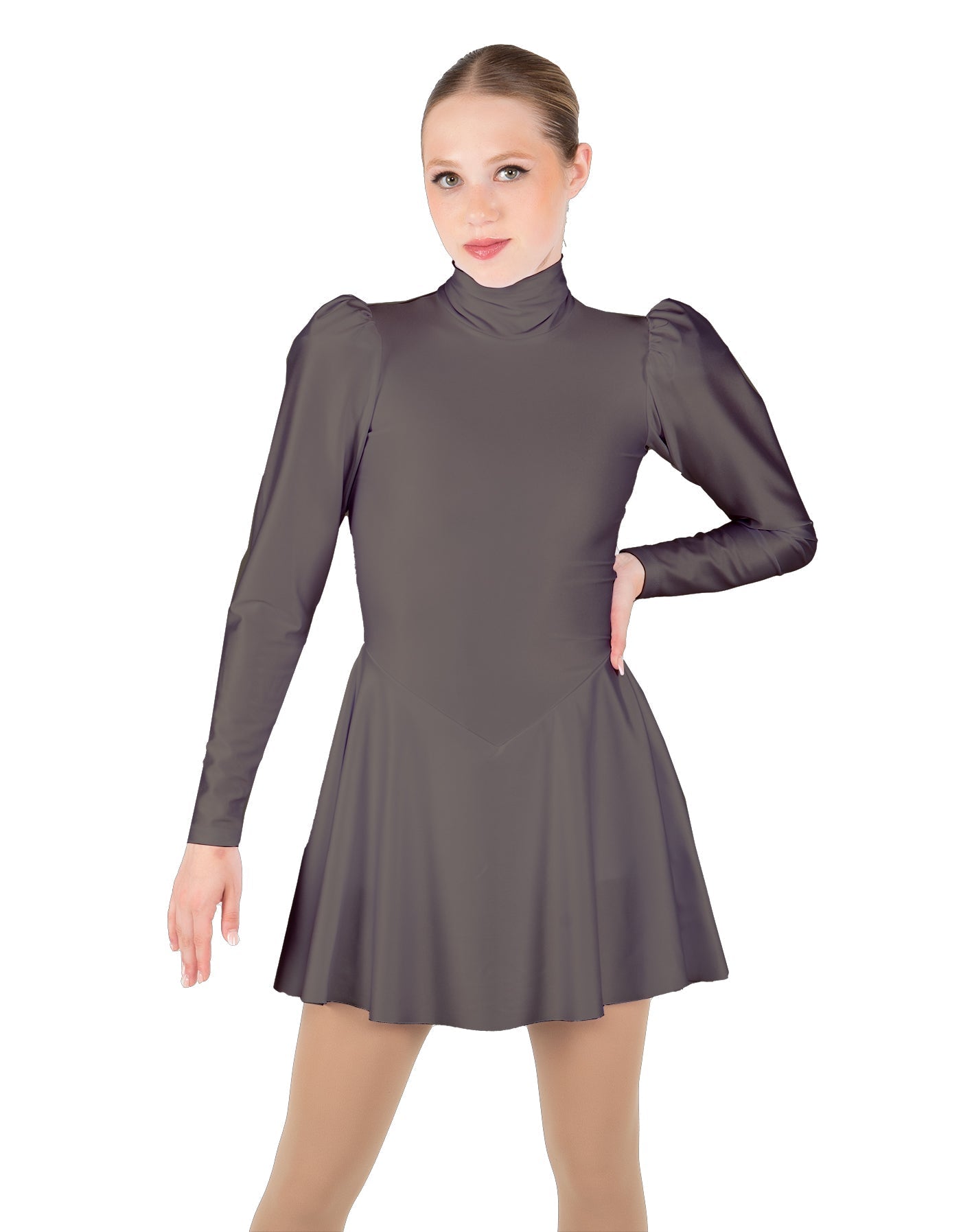 Solid Lycra LS Puff Sleeve TNeck Keyhole Back Dress
