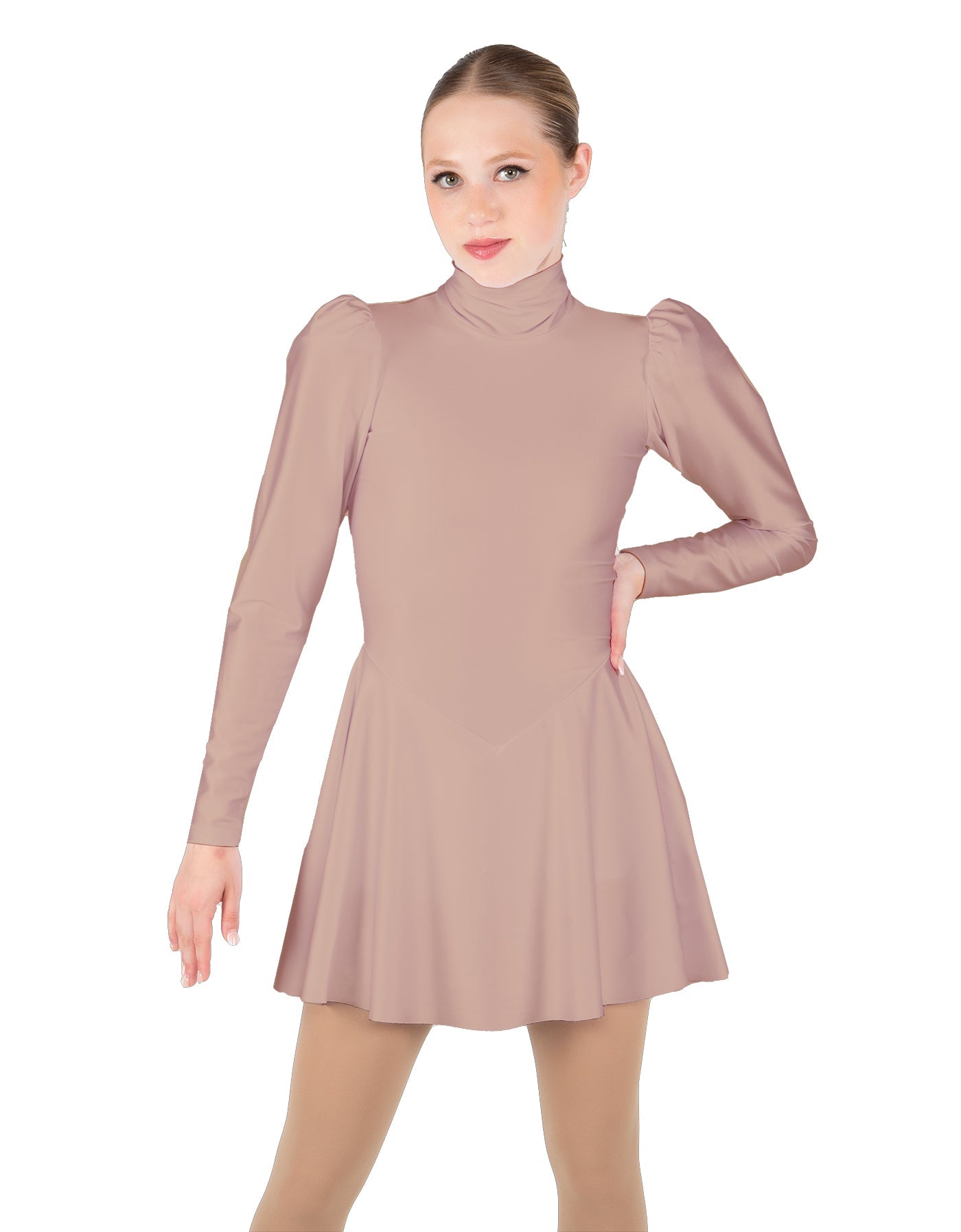 Solid Lycra LS Puff Sleeve TNeck Keyhole Back Dress