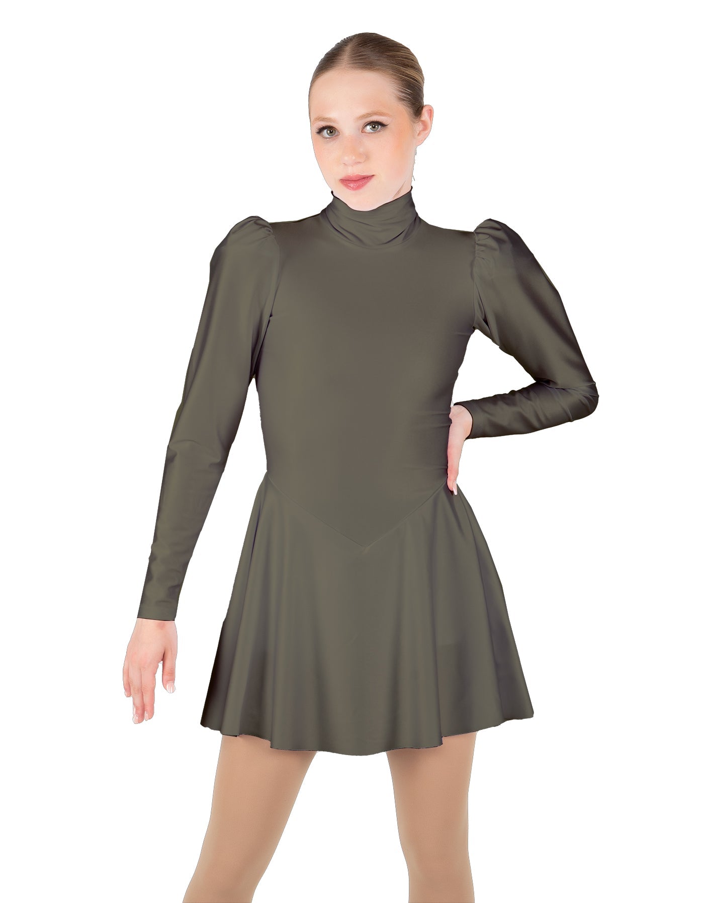 Solid Lycra LS Puff Sleeve TNeck Keyhole Back Dress