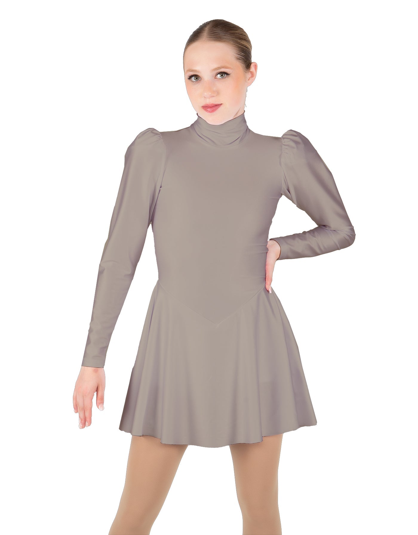 Solid Lycra LS Puff Sleeve TNeck Keyhole Back Dress
