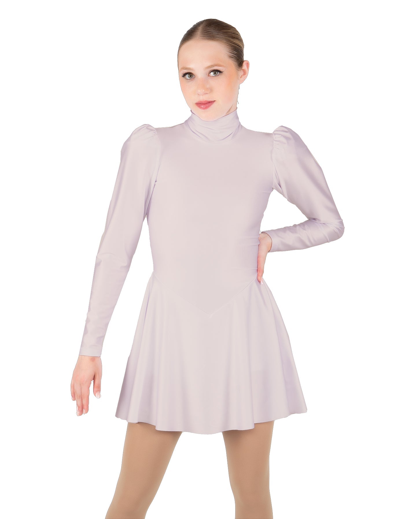 Solid Lycra LS Puff Sleeve TNeck Keyhole Back Dress