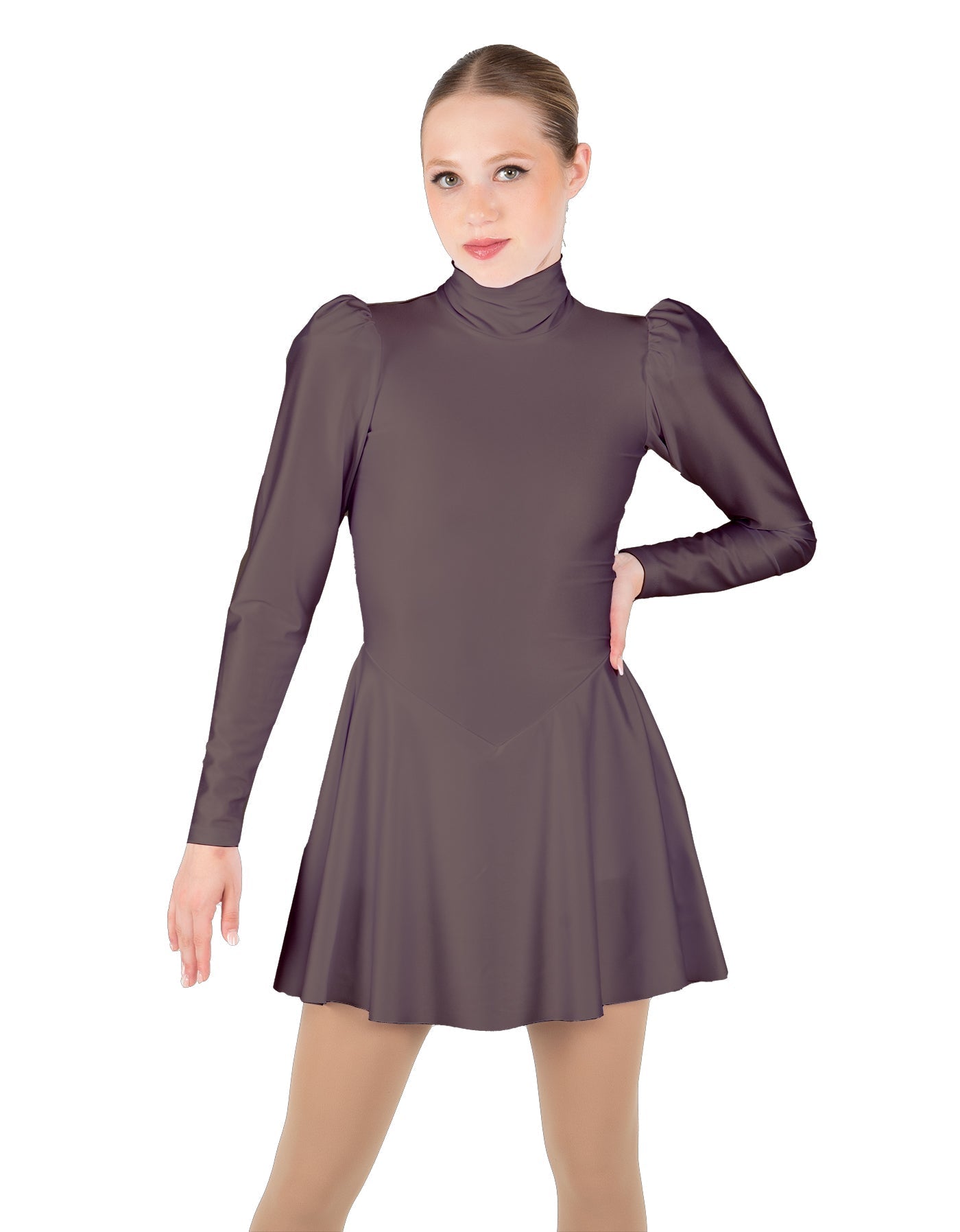 Solid Lycra LS Puff Sleeve TNeck Keyhole Back Dress