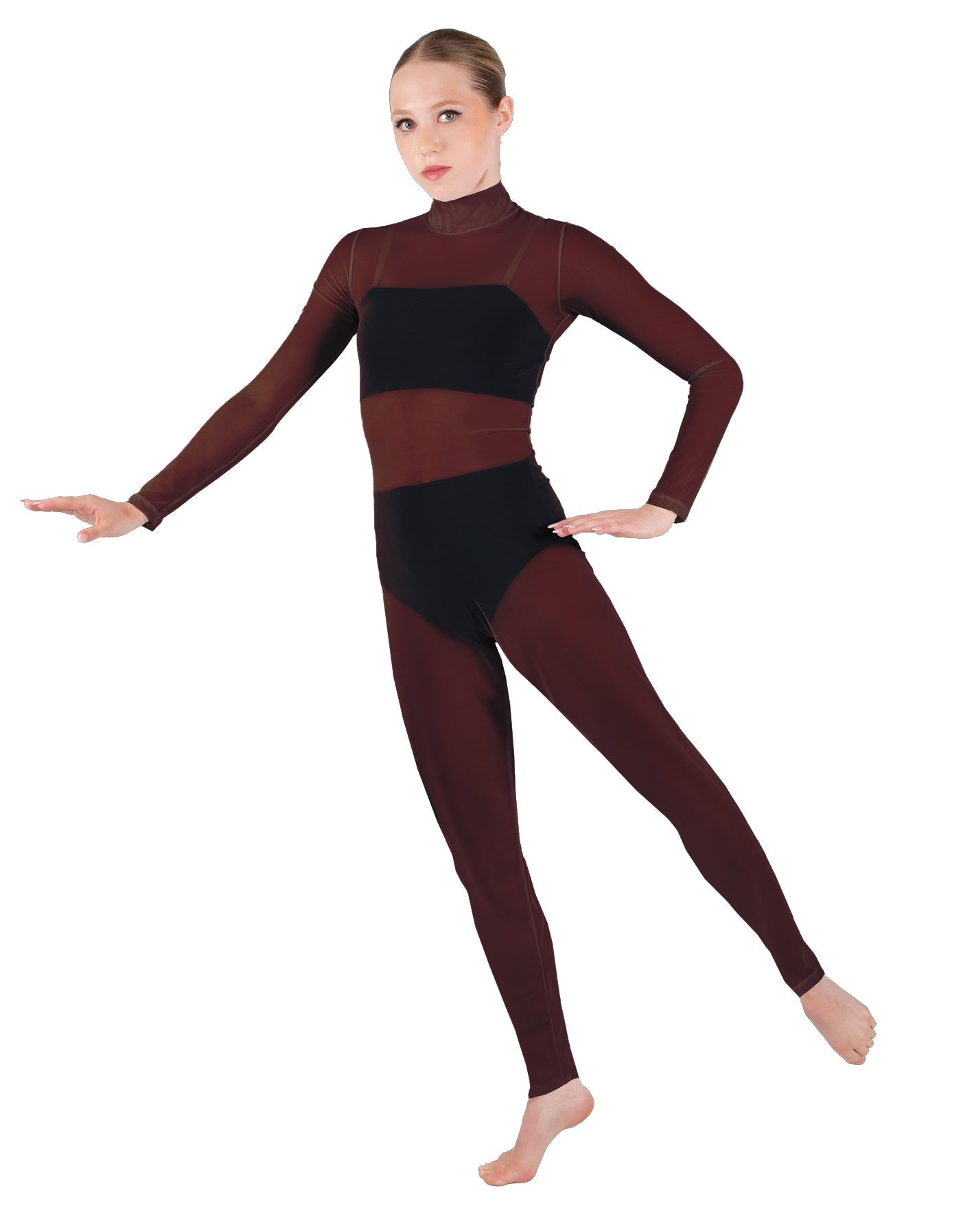 Solid Lycra LS Tneck Open Back Unitard with Bandeau and Panty