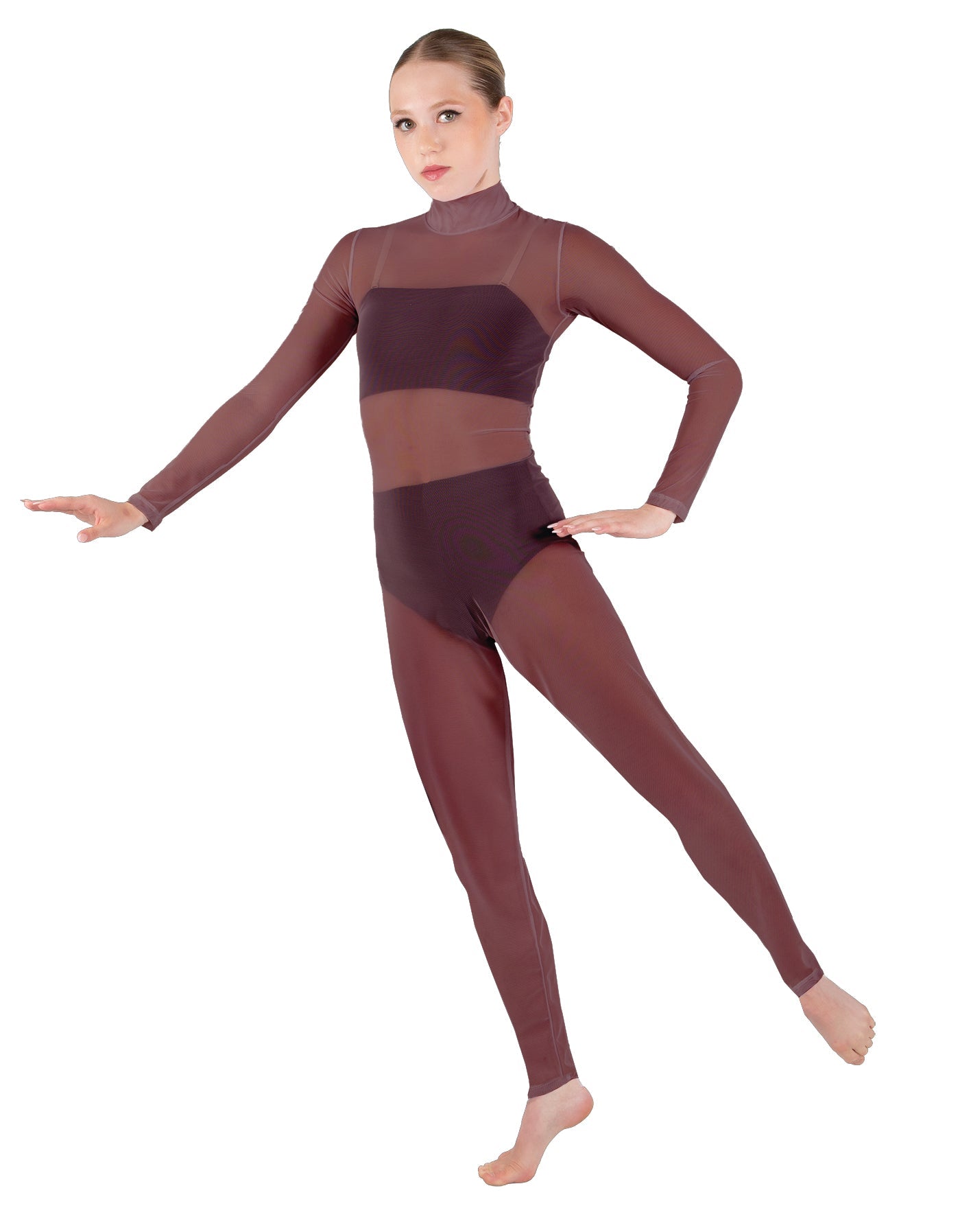 Solid Lycra LS Tneck Open Back Unitard with Bandeau and Panty