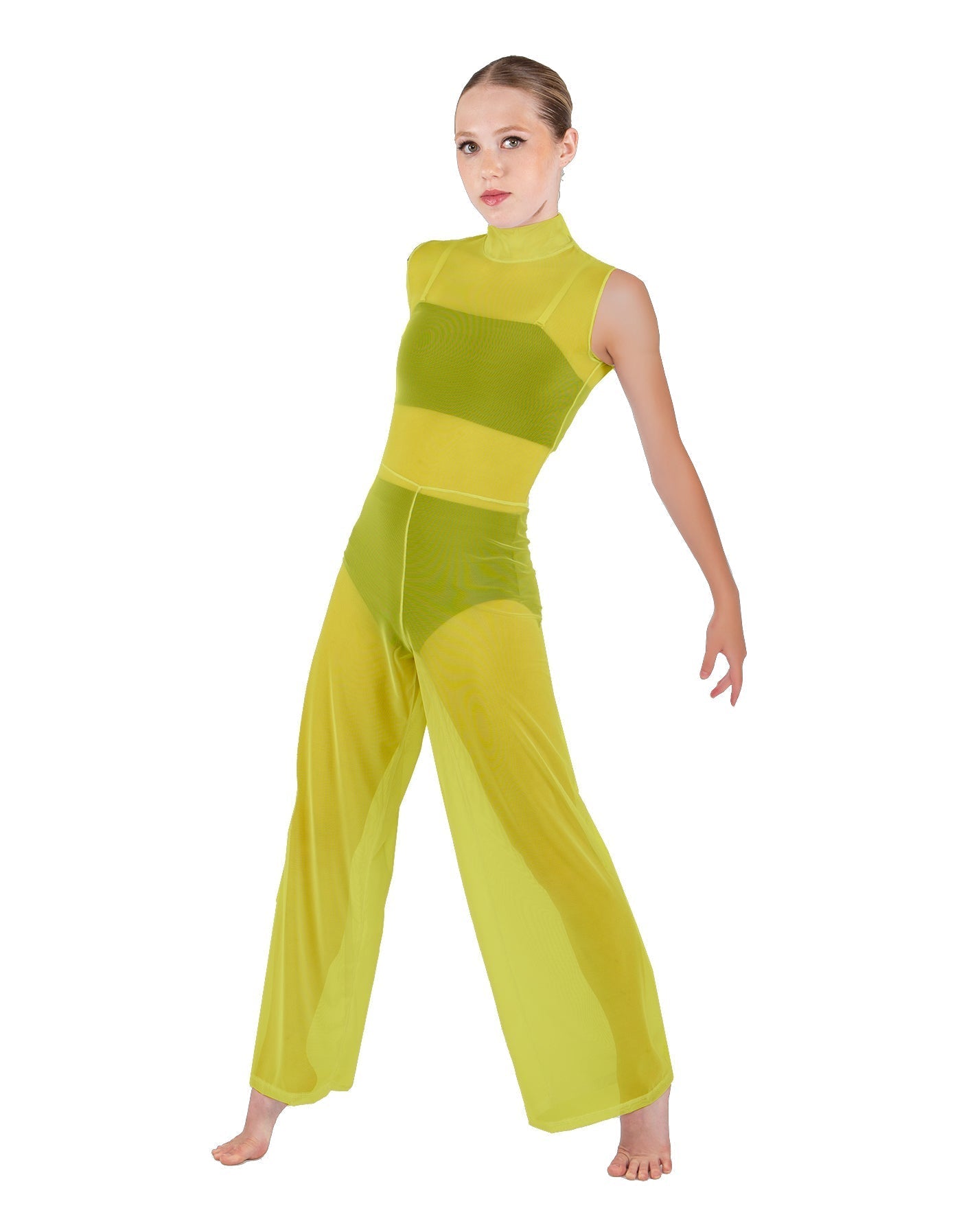 Solid Lycra TNeck Keyhole Wide Leg Mesh Unitard with Bandeau and Panty