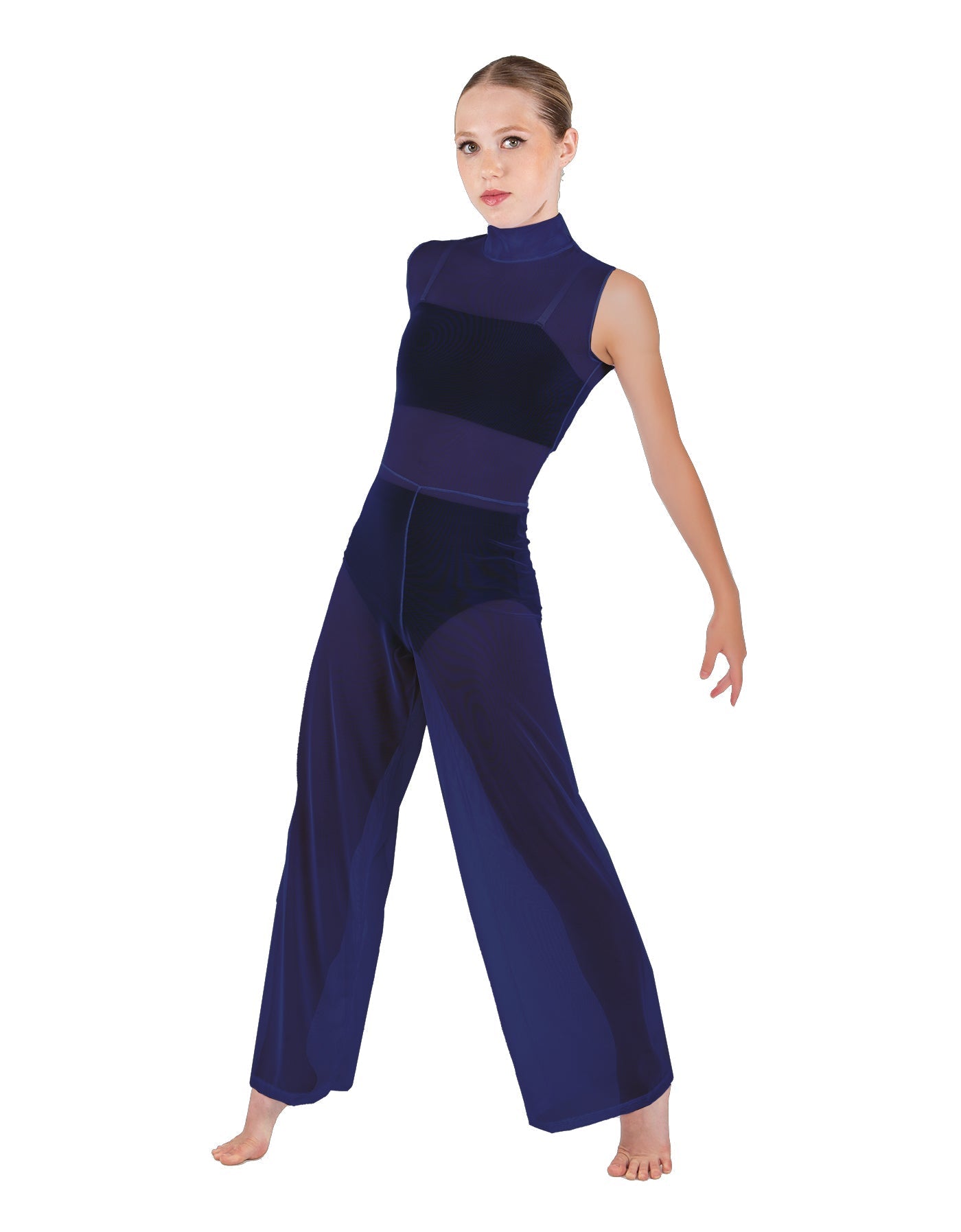 Solid Lycra TNeck Keyhole Wide Leg Mesh Unitard with Bandeau and Panty