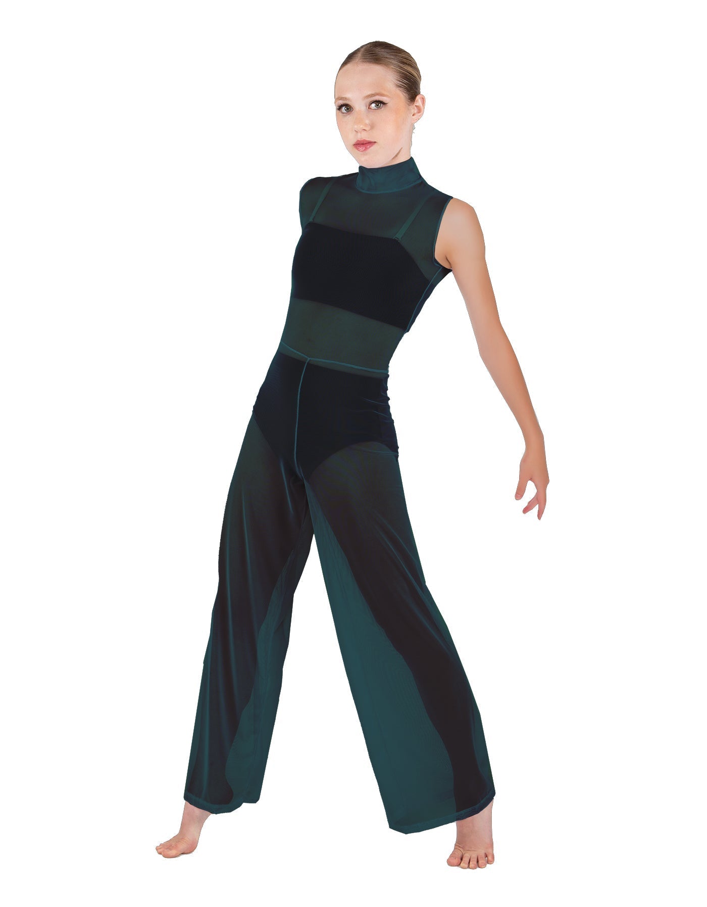Solid Lycra TNeck Keyhole Wide Leg Mesh Unitard with Bandeau and Panty