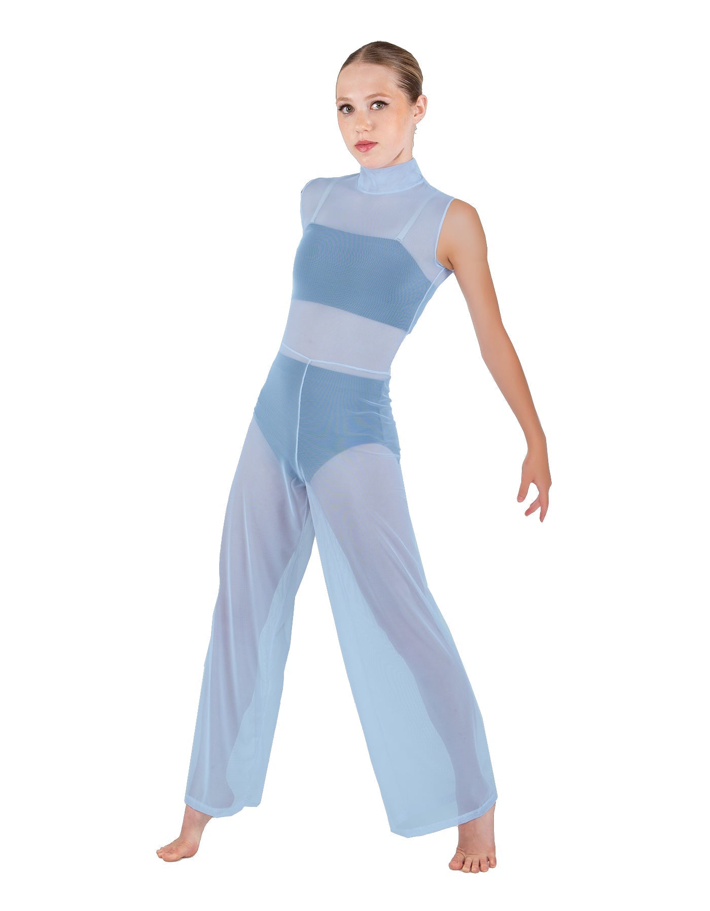 Solid Lycra TNeck Keyhole Wide Leg Mesh Unitard with Bandeau and Panty