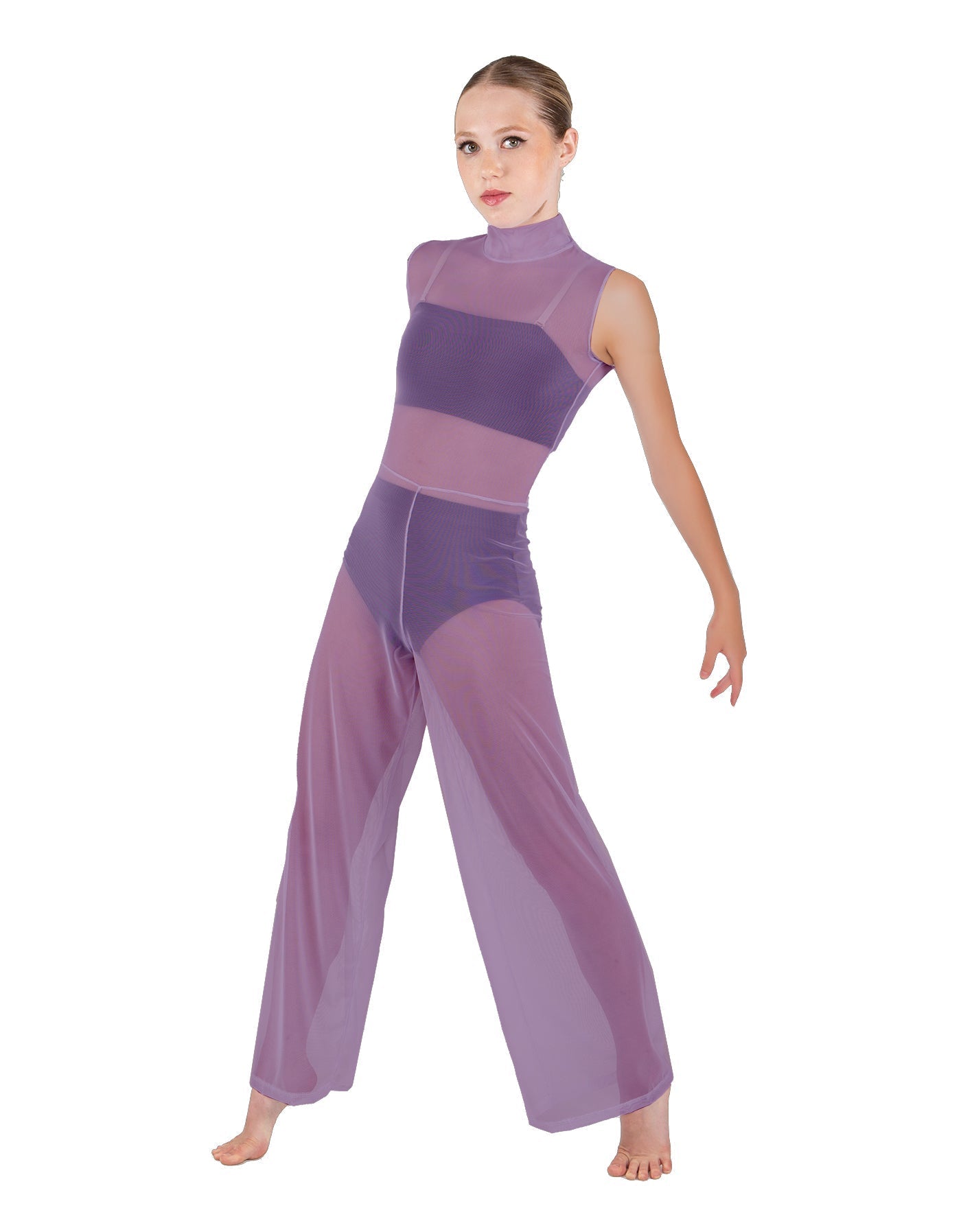 Solid Lycra TNeck Keyhole Wide Leg Mesh Unitard with Bandeau and Panty