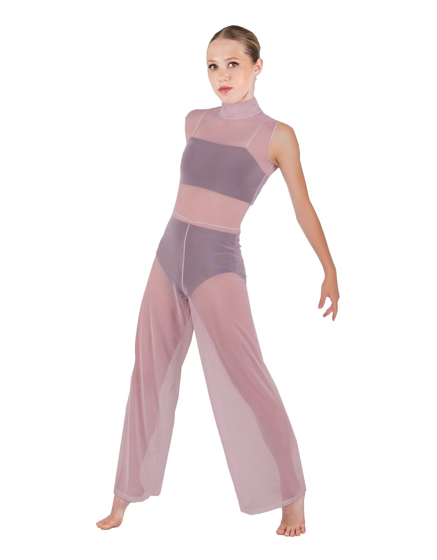 Solid Lycra TNeck Keyhole Wide Leg Mesh Unitard with Bandeau and Panty