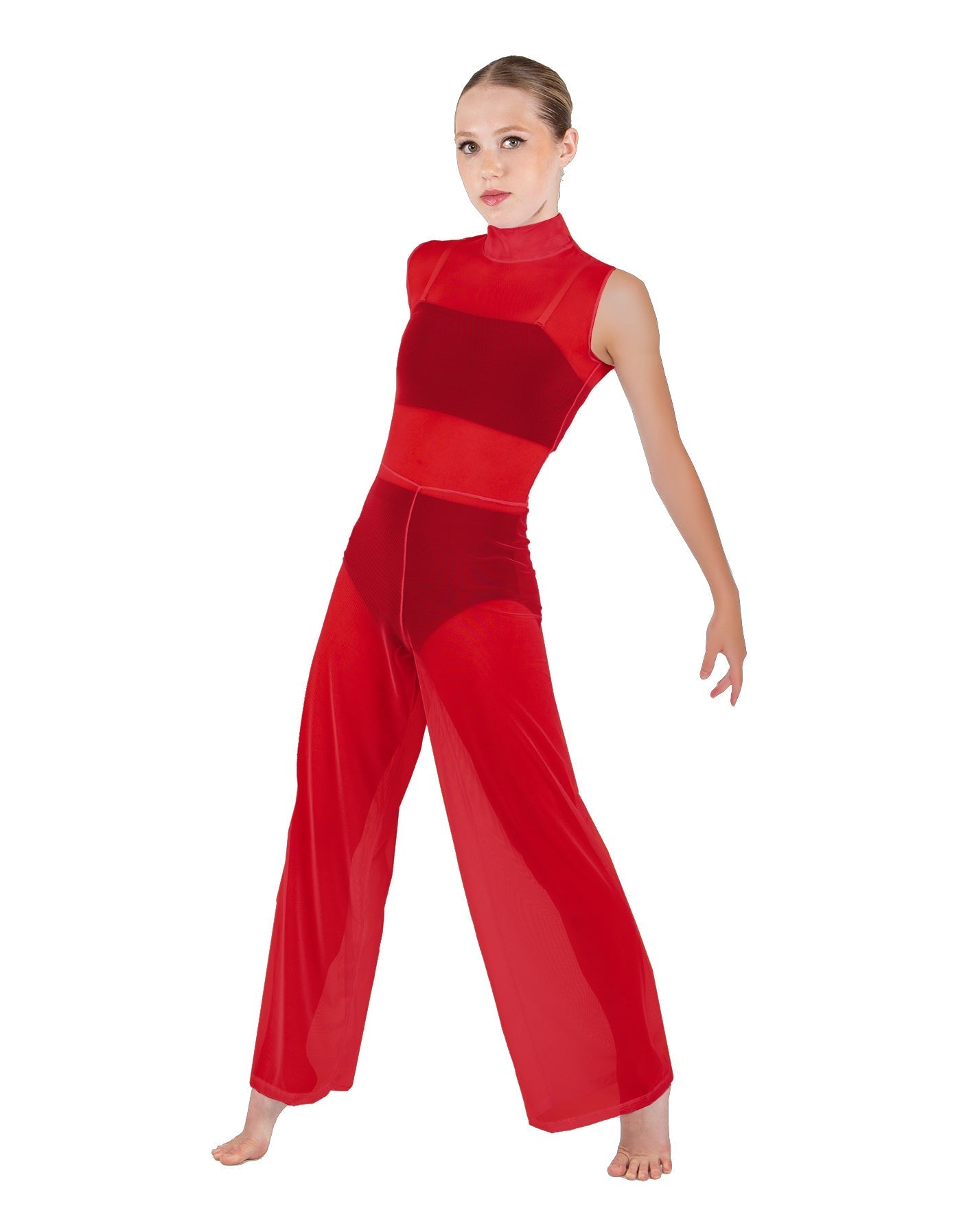 Solid Lycra TNeck Keyhole Wide Leg Mesh Unitard with Bandeau and Panty