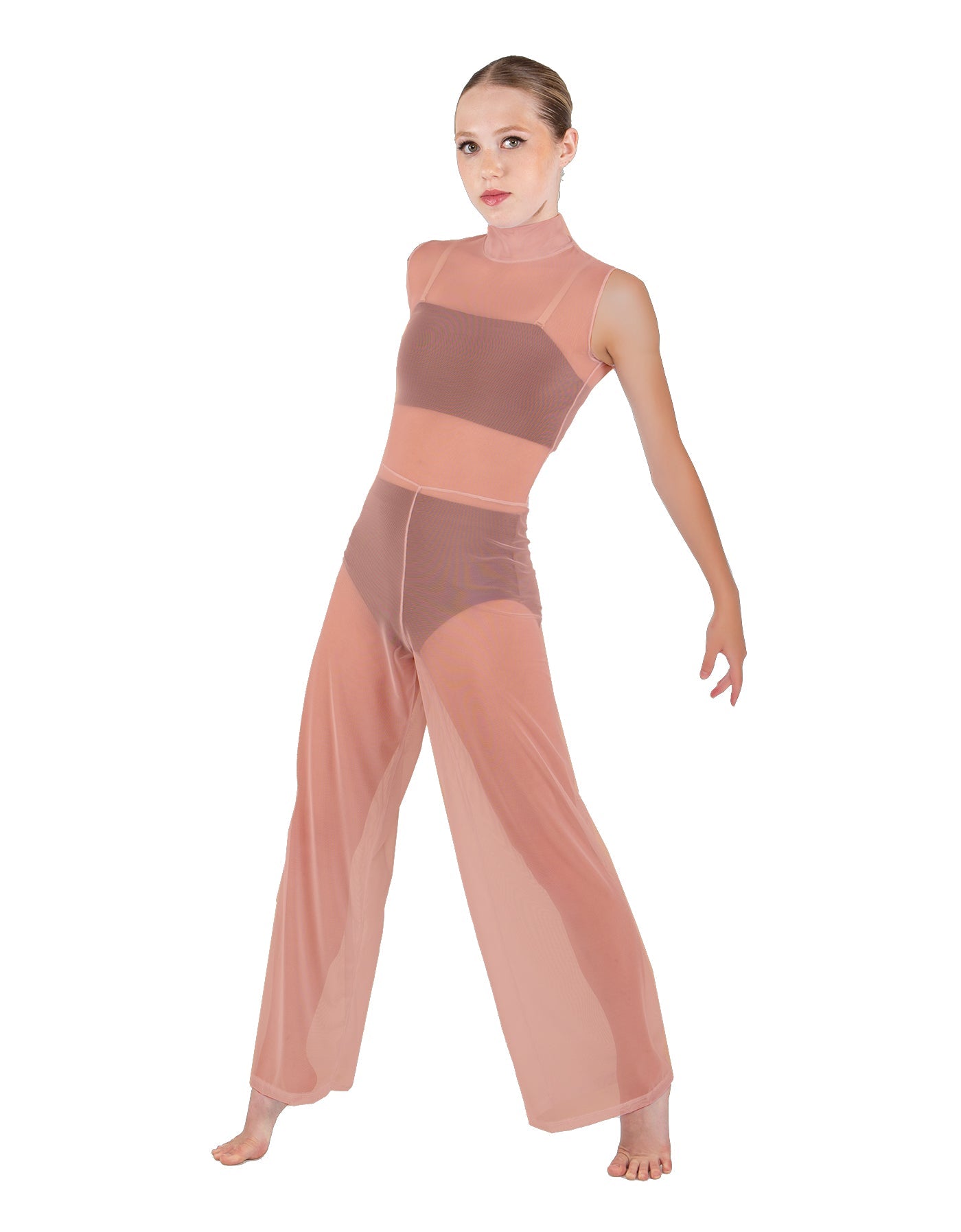Solid Lycra TNeck Keyhole Wide Leg Mesh Unitard with Bandeau and Panty