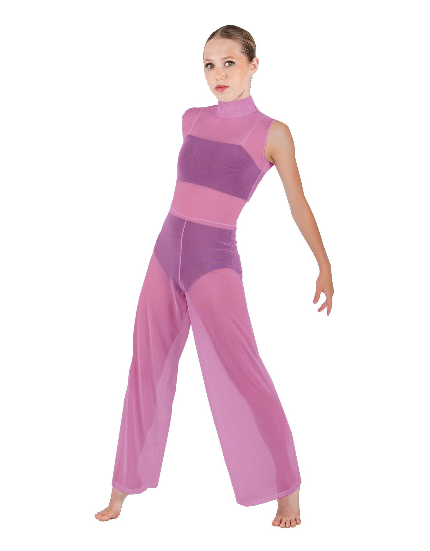 Solid Lycra TNeck Keyhole Wide Leg Mesh Unitard with Bandeau and Panty
