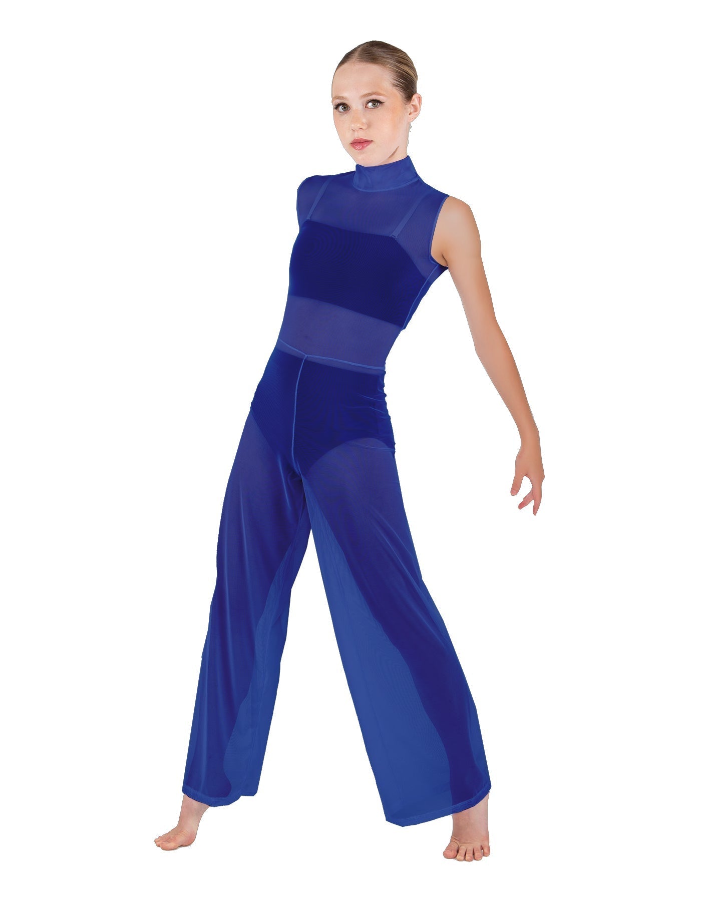Solid Lycra TNeck Keyhole Wide Leg Mesh Unitard with Bandeau and Panty