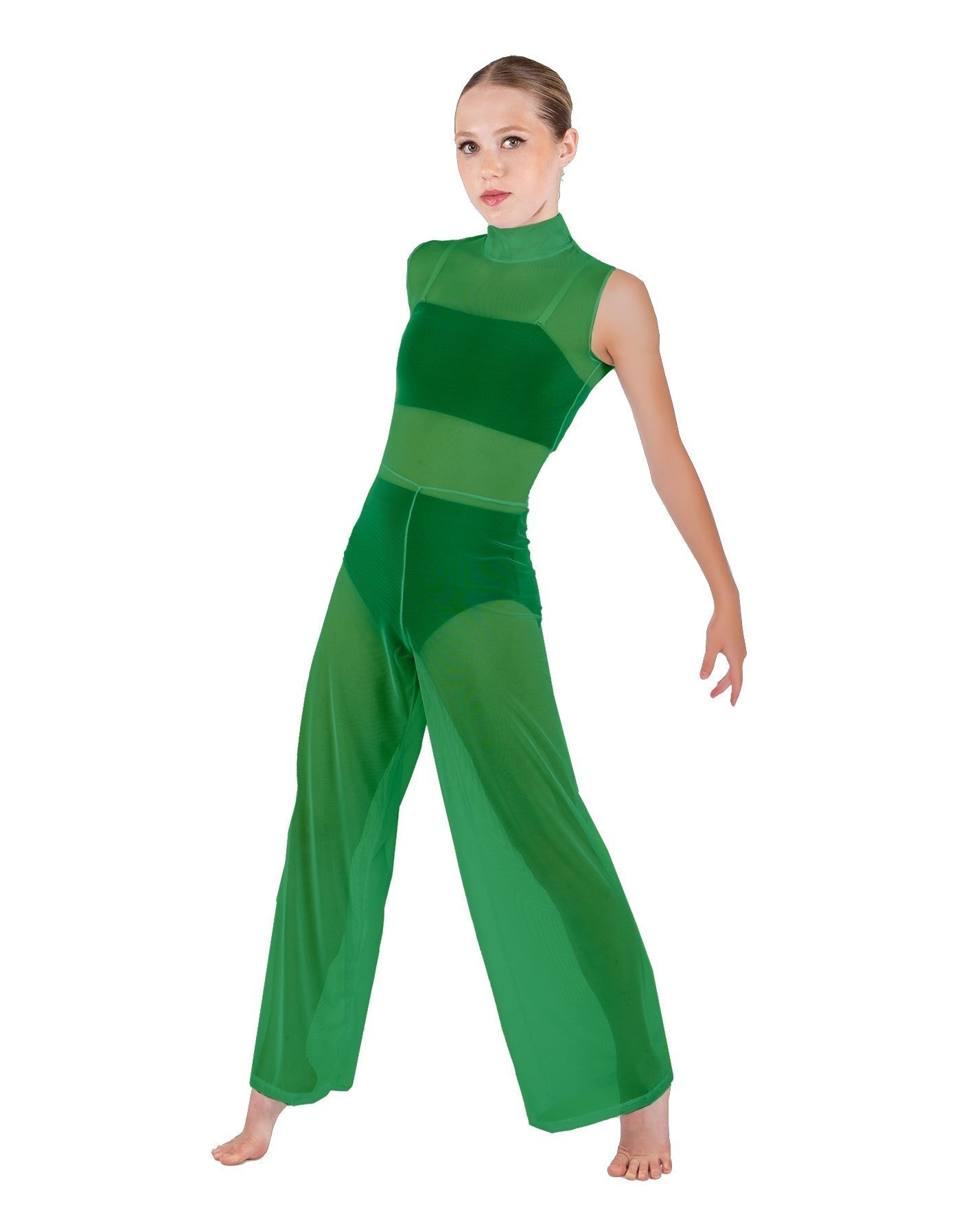 Solid Lycra TNeck Keyhole Wide Leg Mesh Unitard with Bandeau and Panty