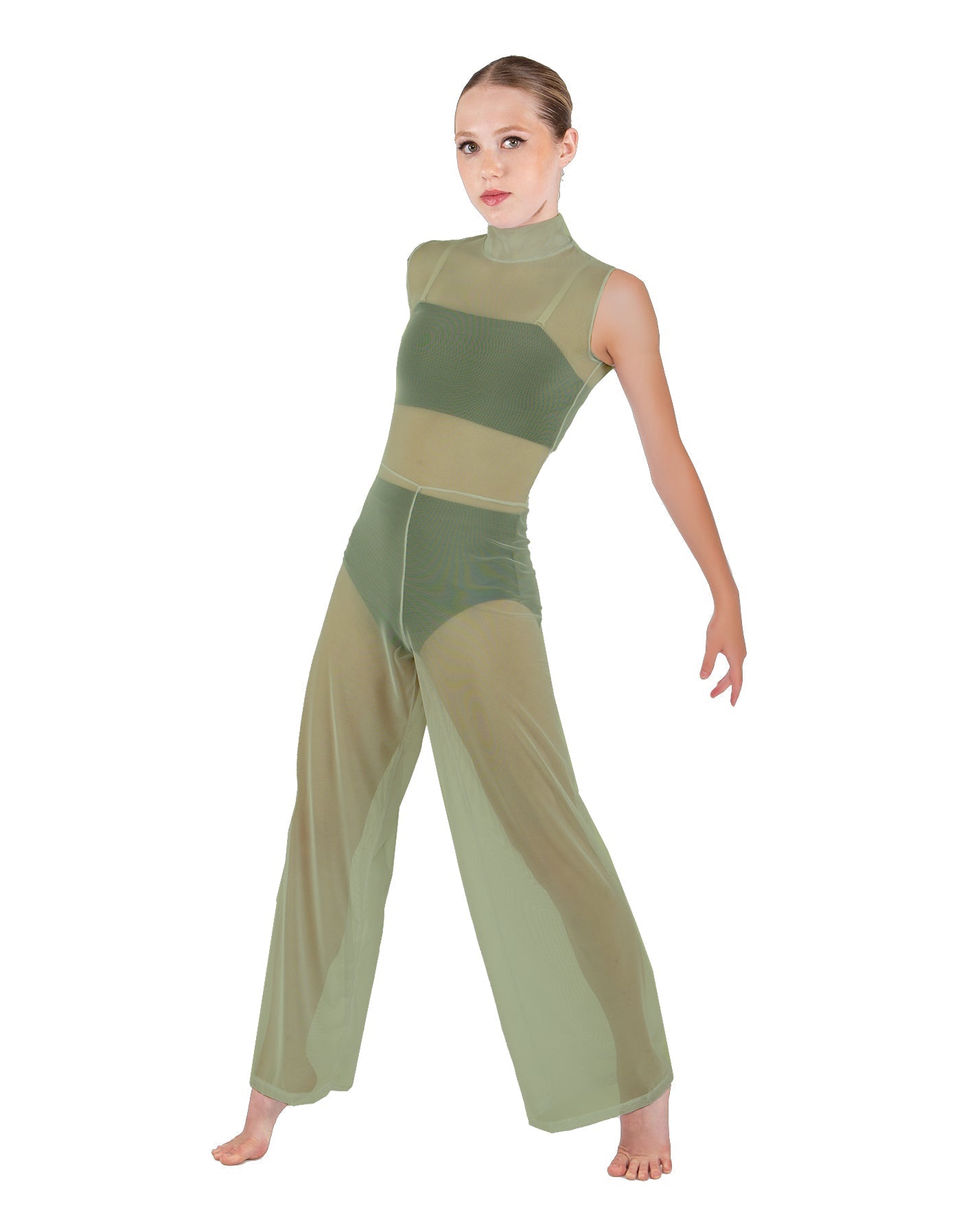 Solid Lycra TNeck Keyhole Wide Leg Mesh Unitard with Bandeau and Panty