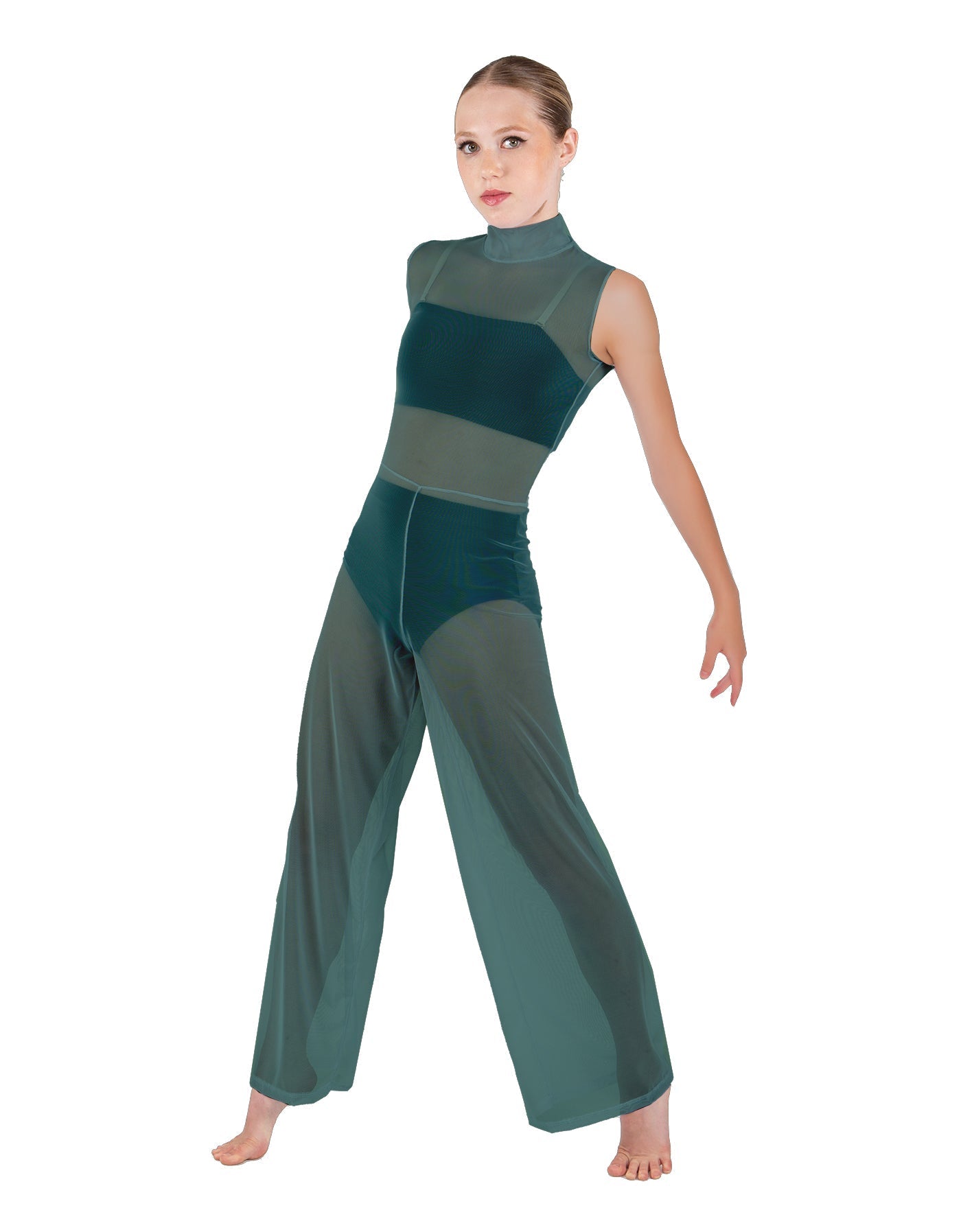 Solid Lycra TNeck Keyhole Wide Leg Mesh Unitard with Bandeau and Panty