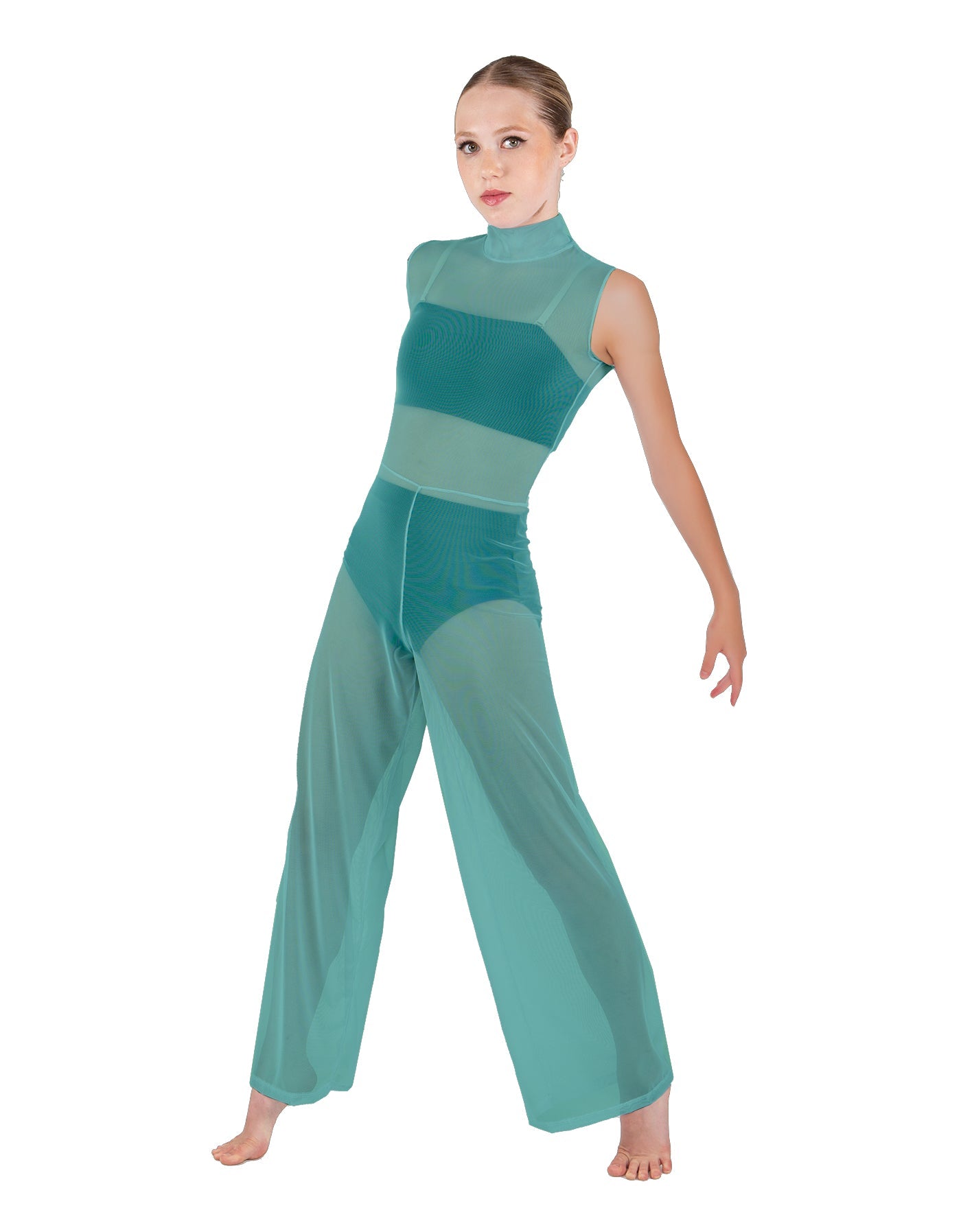 Solid Lycra TNeck Keyhole Wide Leg Mesh Unitard with Bandeau and Panty