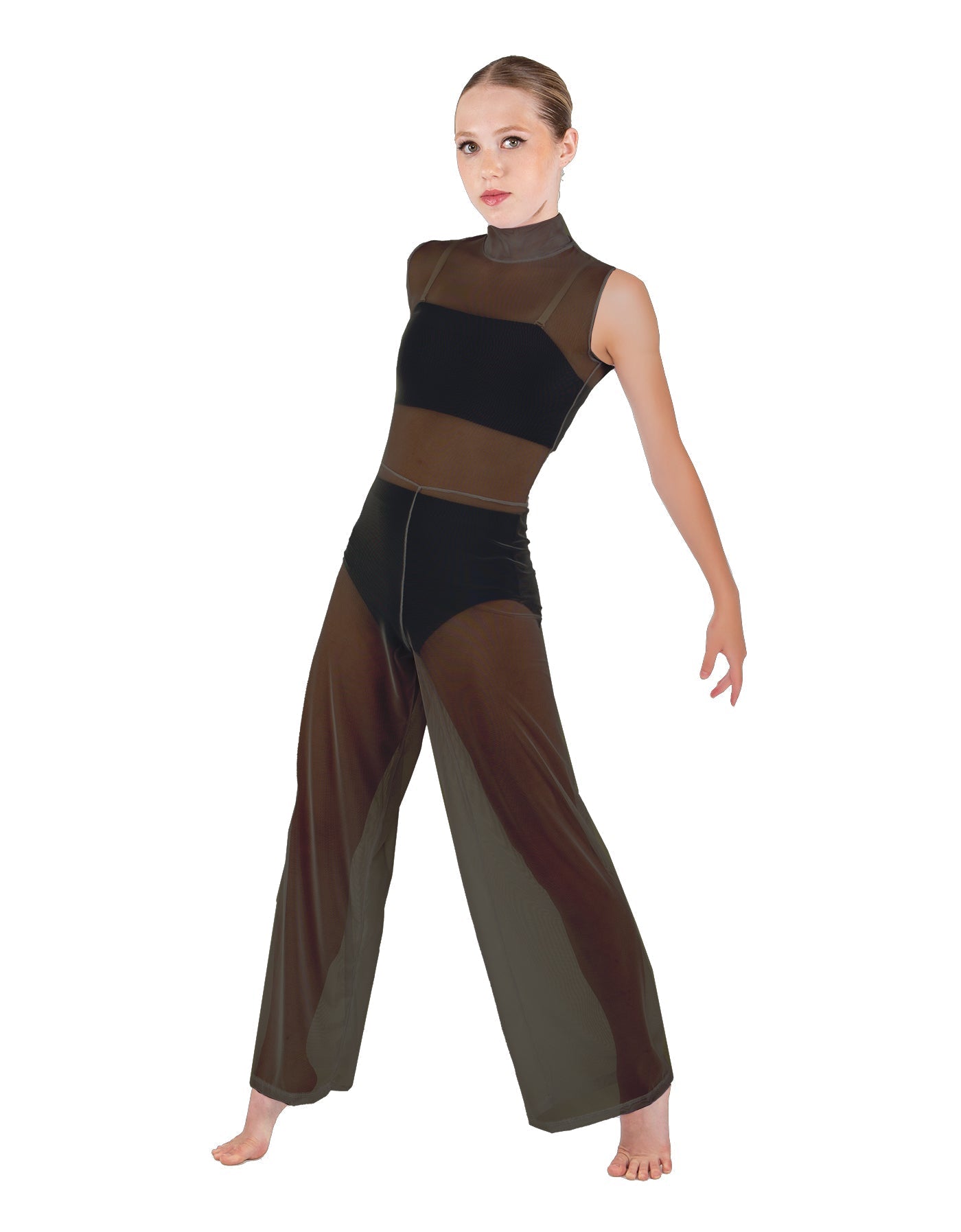 Solid Lycra TNeck Keyhole Wide Leg Mesh Unitard with Bandeau and Panty