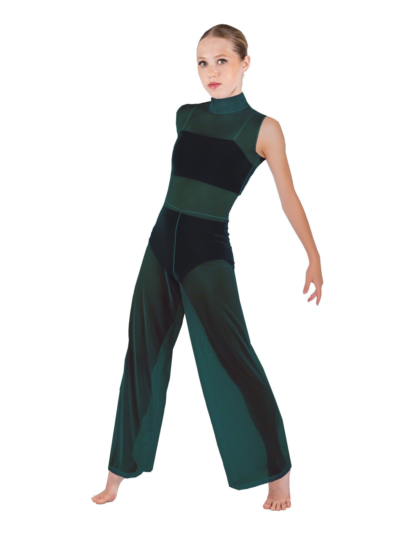 Solid Lycra TNeck Keyhole Wide Leg Mesh Unitard with Bandeau and Panty