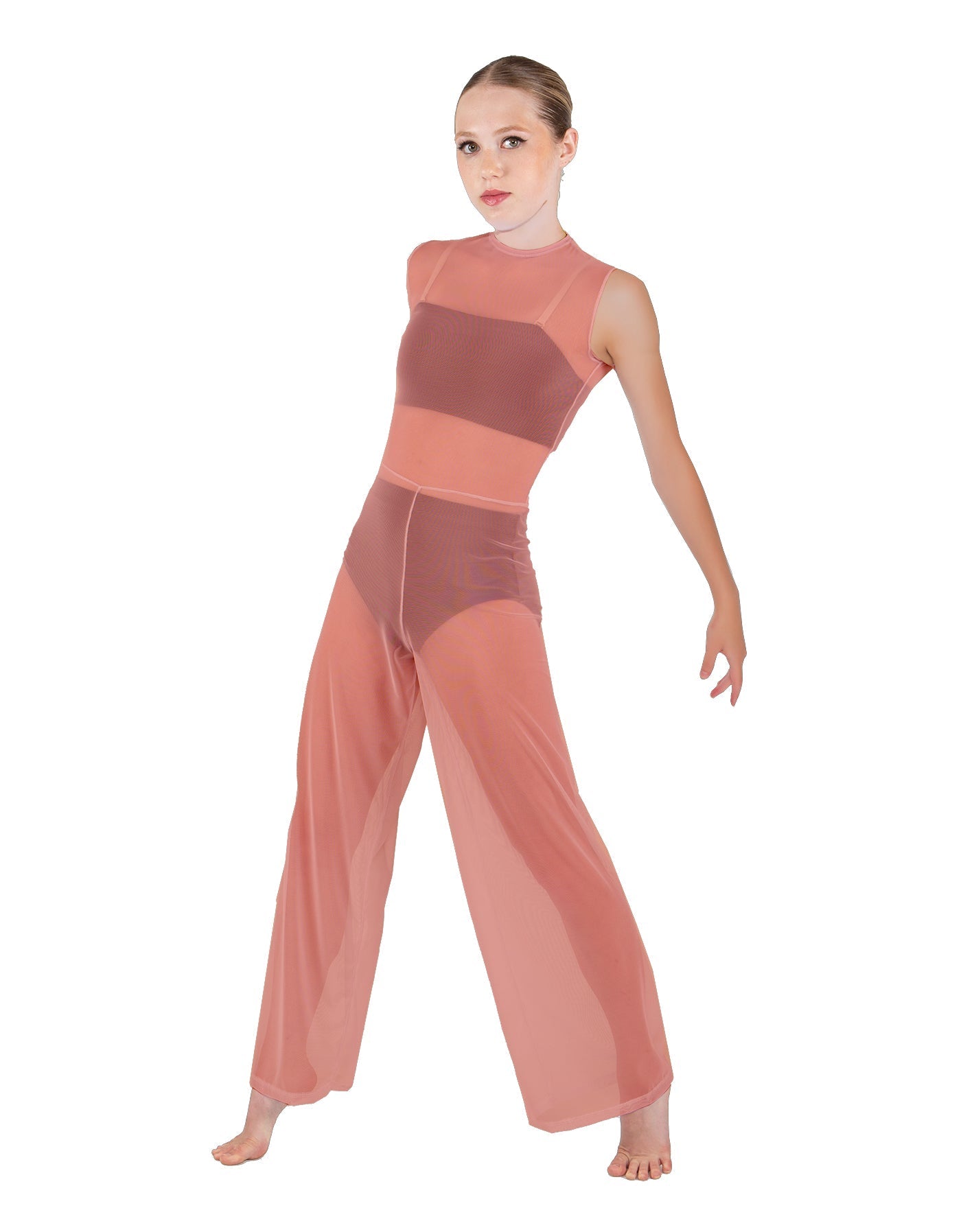 Solid Lycra Keyhole Wide Leg Mesh Unitard with Bandeau and Panty