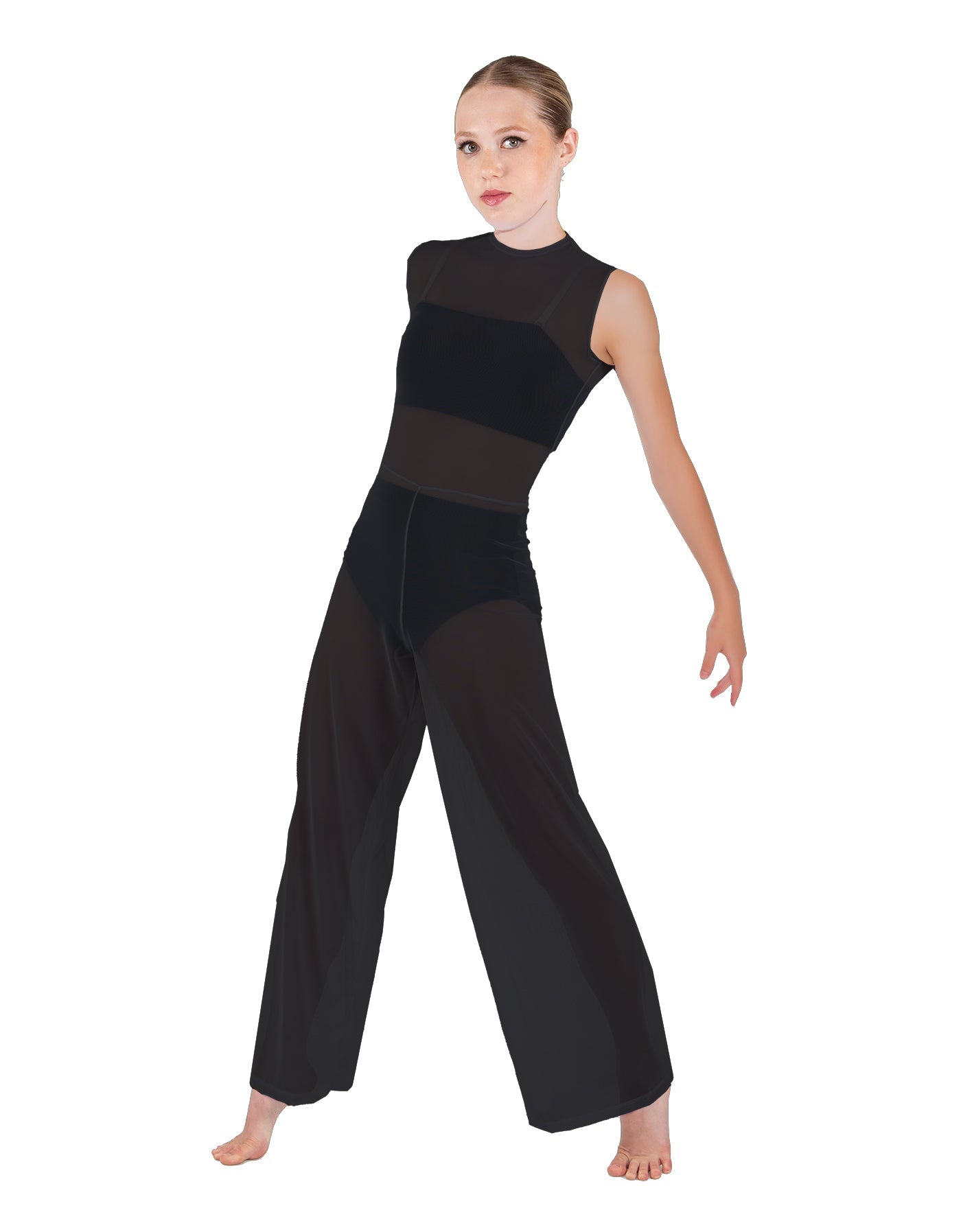 Solid Lycra Keyhole Wide Leg Mesh Unitard with Bandeau and Panty
